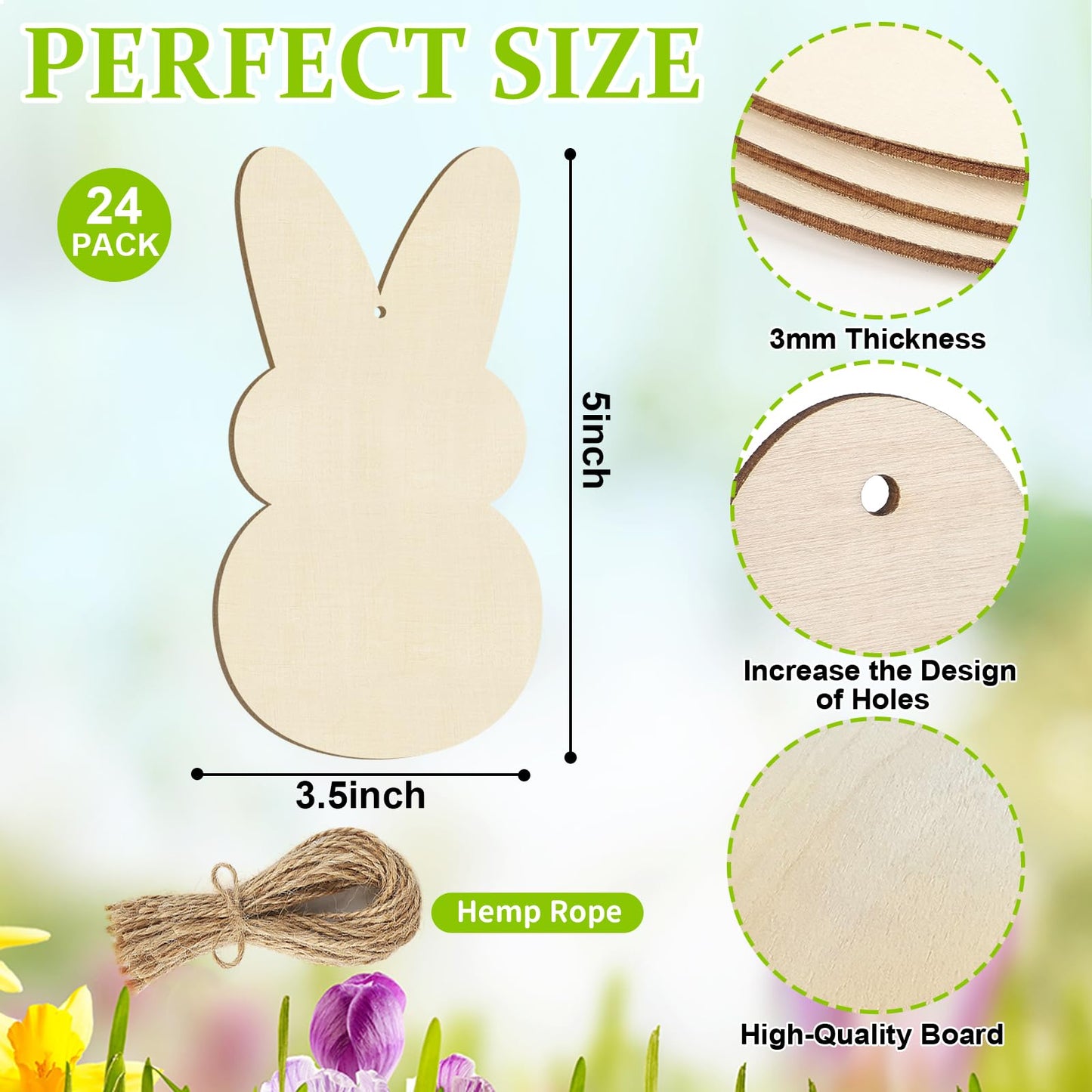 Wooden Easter Ornaments to Paint Spring Decoration Happy Easter Cutouts Unfinished 24PCS 3.5 inches, DIY Blank Rabbit Bunny Unfinished Christmas Tree Wood Discs Ornament for Home Crafts Hanging
