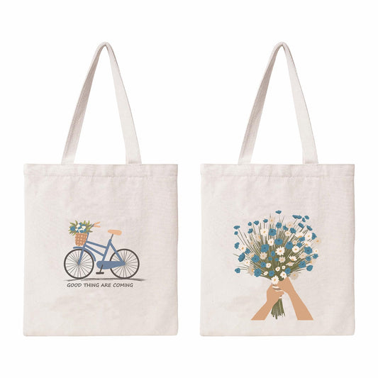 Kazova Aesthetic Flowers Cotton Canvas Tote Bag Blue Bouquet Bicycle Cloth Tote Bag Cute Cotton Tote Bag Art Canvas Tote Bag Reusable Shopping Bag for Gift
