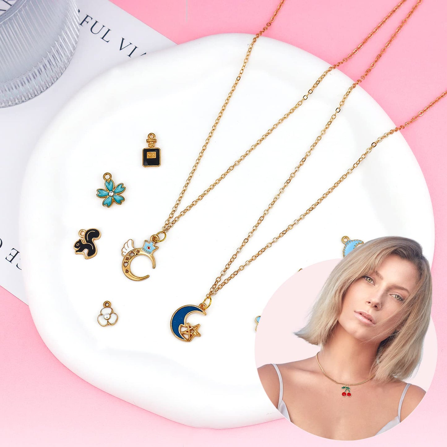 JIALEEY 60PCS Assorted Gold Plated Enamel Animal Moon Star Fruit Charm Pendant DIY for Necklace Bracelet Jewelry Making and Crafting