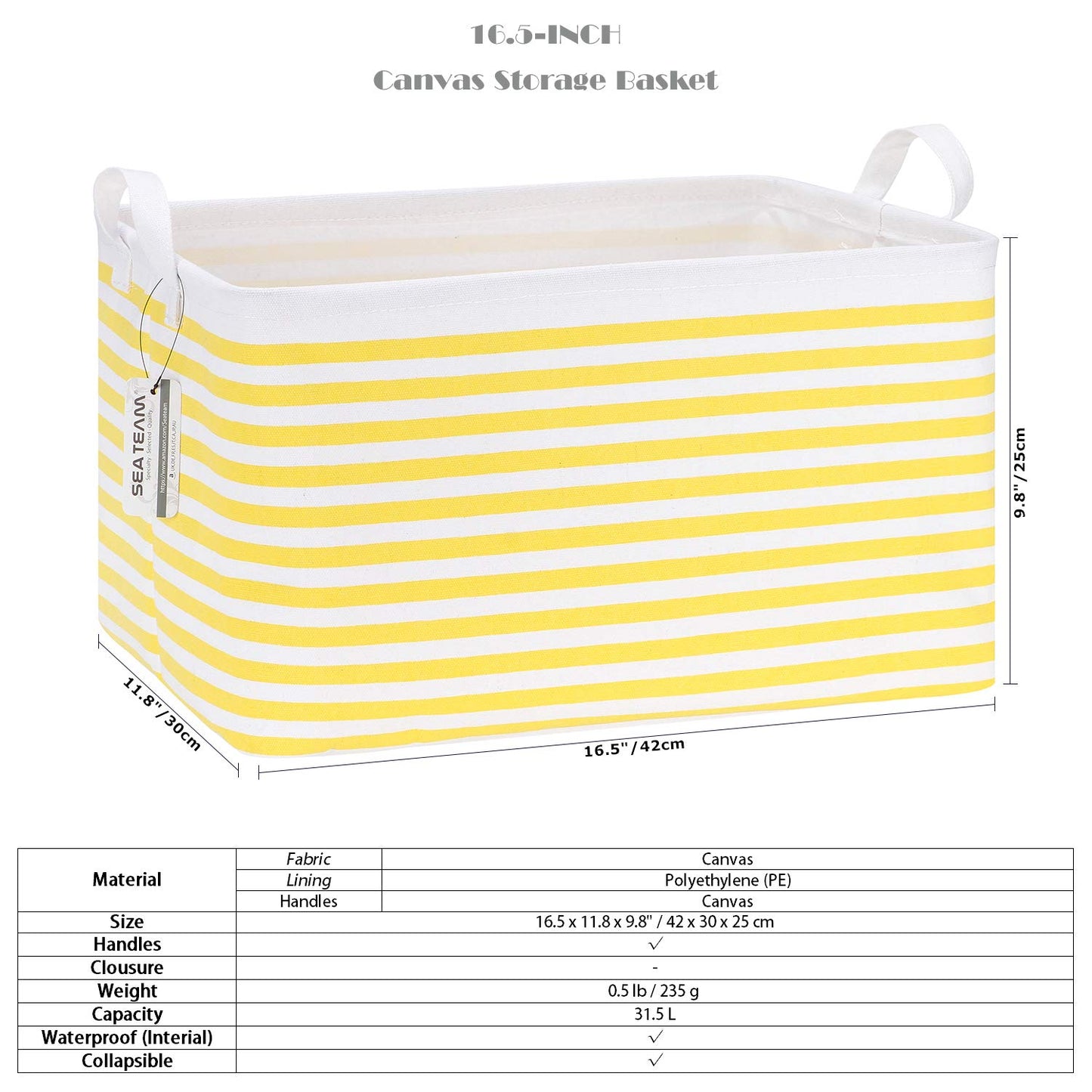 Sea Team Collapsible Canvas Fabric Storage Basket with Handles, Rectangle Waterproof Storage Bin, Box, Cube, Foldable Shelf Basket, Closet Organizer, 16.5 x 11.8 x 9.8 Inches, Yellow Stripe