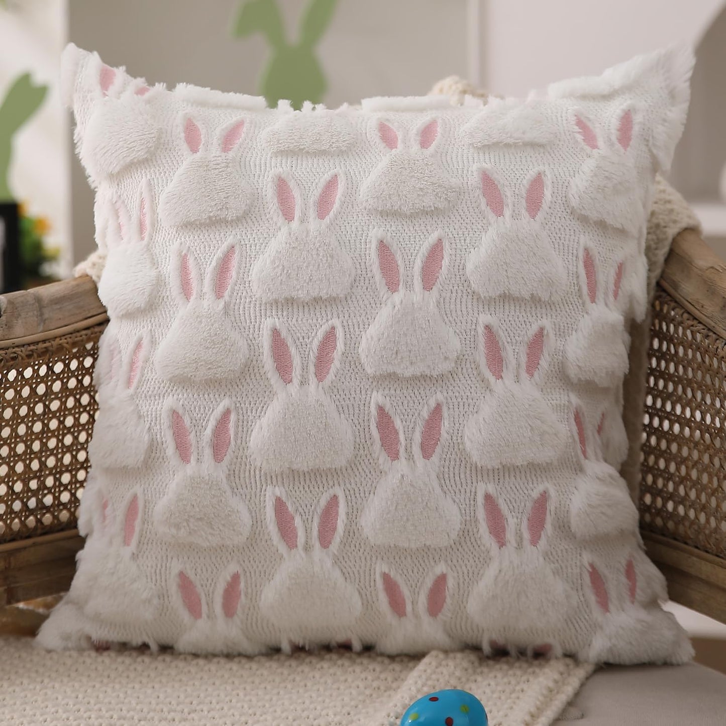 Easter Pillow Covers 18x18 inch Set of 2 Easter Decorations Pink Ears White Rabbit Soft Plush Faux Fur Jacquard Throw Pillows for Bedroom Sofa Holiday Festivals Home Decor FHJ-07D18