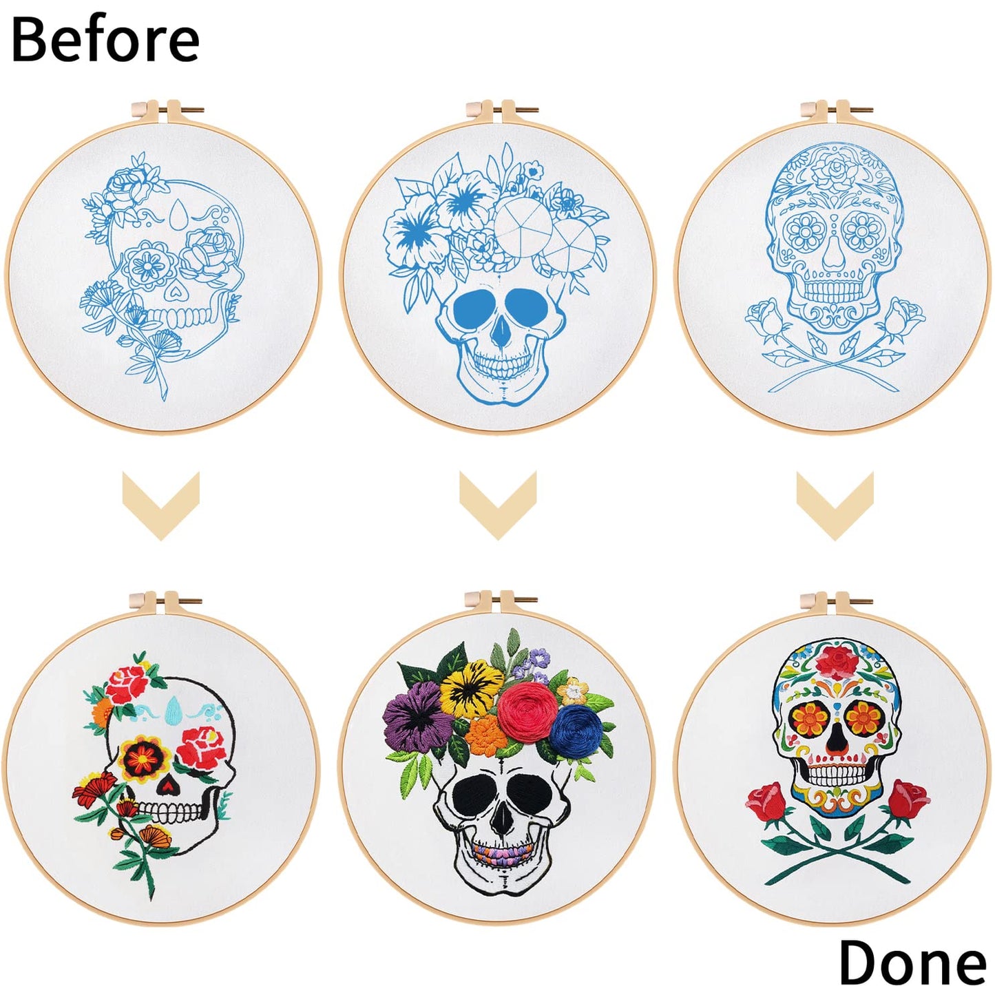 Nuberlic 3 Pack Halloween Skull Embroidery Kit for Adults Beginner Cross Stitch Kits for Starters with Skull Patterns Include 3 Hoop Cloth Thread Needles and Instructions