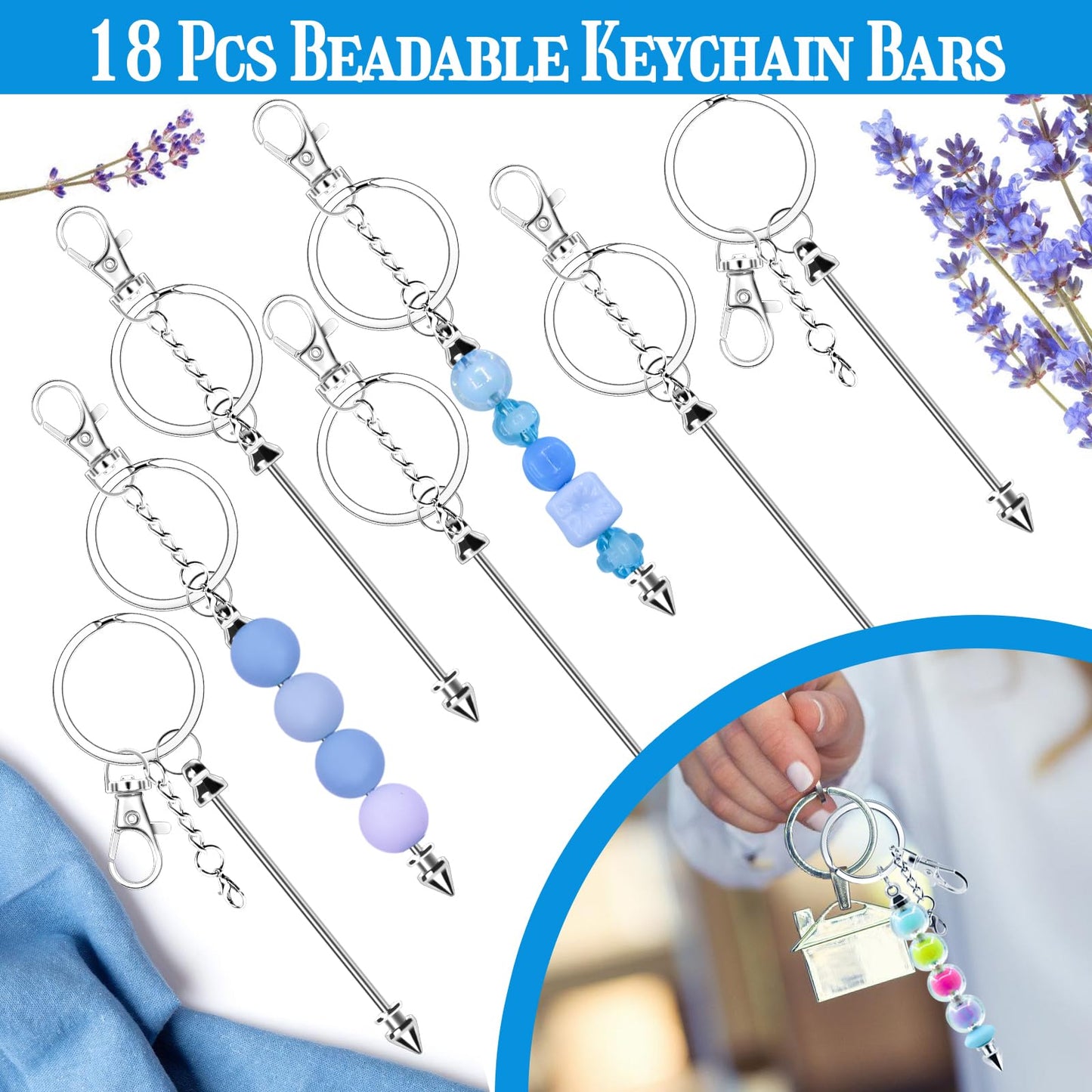 CXIIPOL 18 Pack Beadable Keychains Bars DIY Blank Beadable Keychains Metal Beaded Keychain Sliver Beads Keychain Making Kit for DIY Crafts Supplies Jewelry Making Gift