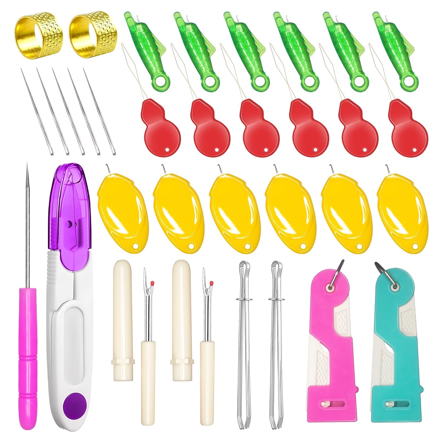 33 Pcs Sewing Tool Kit - with Automatic Needle Threader/Fish Mouth Easy Threader/Gourd and Thumb Shaped Simple Threader/Seam Rippers/Thread Snips/Drawstring Threaders/Awl/Thimbles/Needles