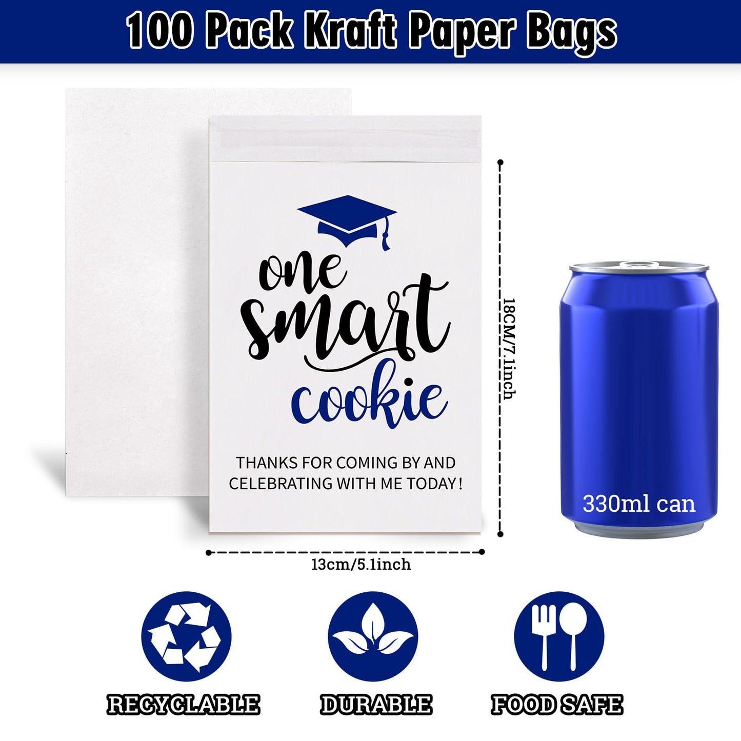 Whaline 100 Pcs 2026 Graduation Cookie Treat Bags White-Blue One Smart Cookie Self Adhesive Buffet Paper Bags for Congrats Grad School Party Supplies, 5.1 x 7.1 Inch