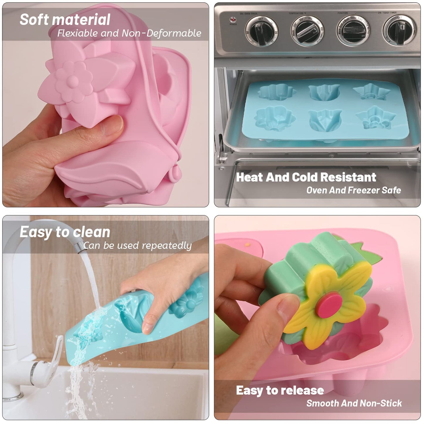 Sakolla 6-Cavity Flower Soap Molds Silicone, 2 Pack Tulip Different Flower Shapes Silicone Molds for Soap, Lotion Bar, Bath Bombs, Chocolate, Candy Baking Molds Jelly, Ice Cube Tray