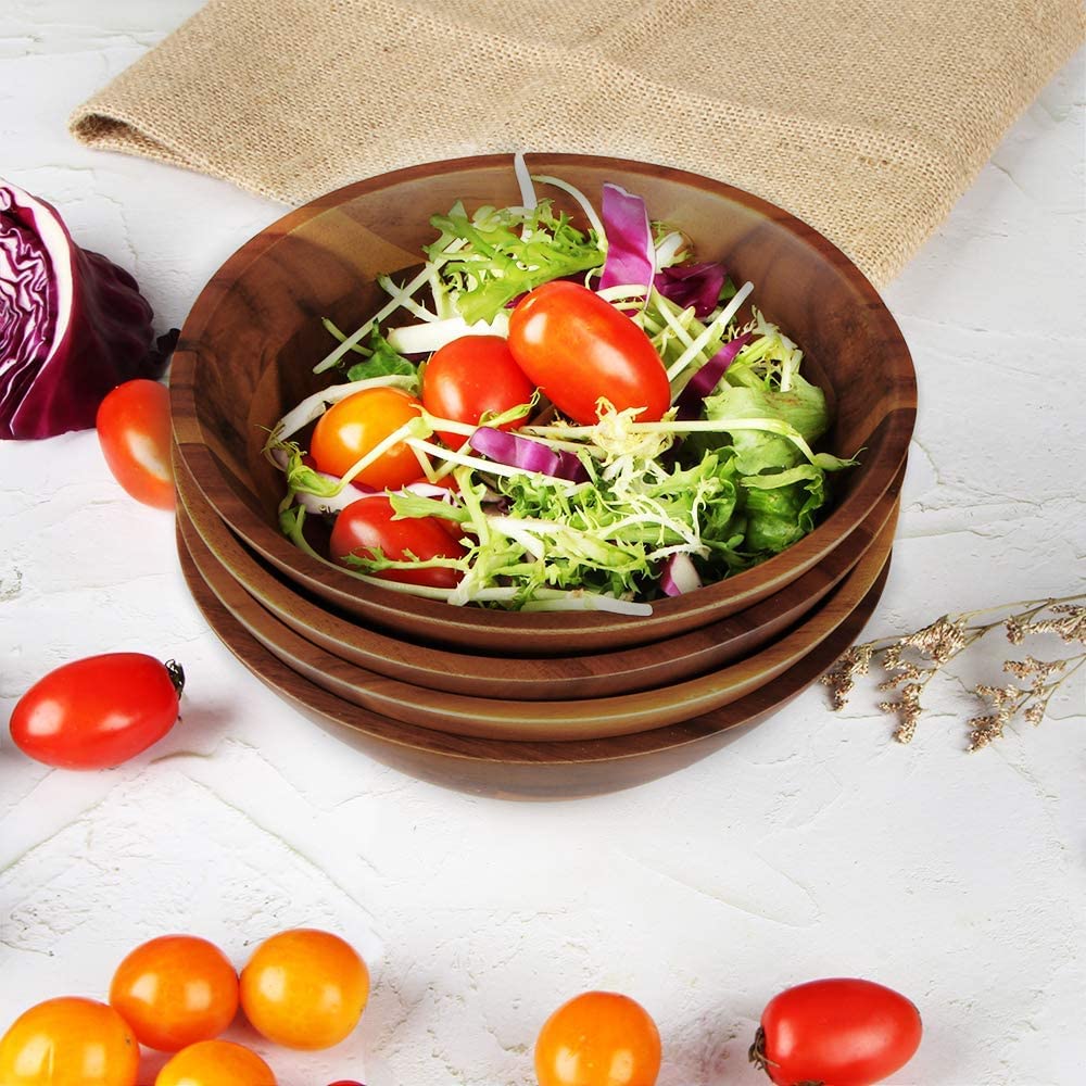 Acacia Wooden Serving Bowls, 7 Inch Set of 4 for Salad, Soup, Noodle and More