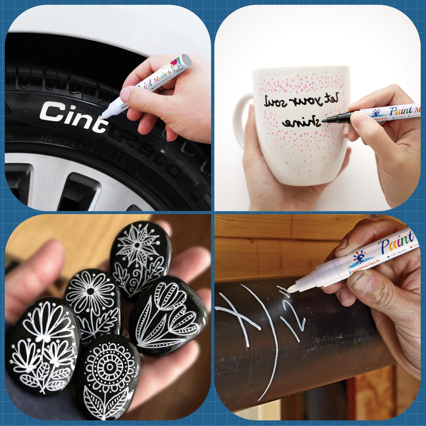 FooMoTech White Paint Pen Paint Markers - Permanent Acrylic Markers 2 Pack, Oil Based, Medium Tip, Quick Dry, Wateproof Paint Markers for Rock, Fabric, Metal, Wood, Plastic, Canvas, Leather, Glass