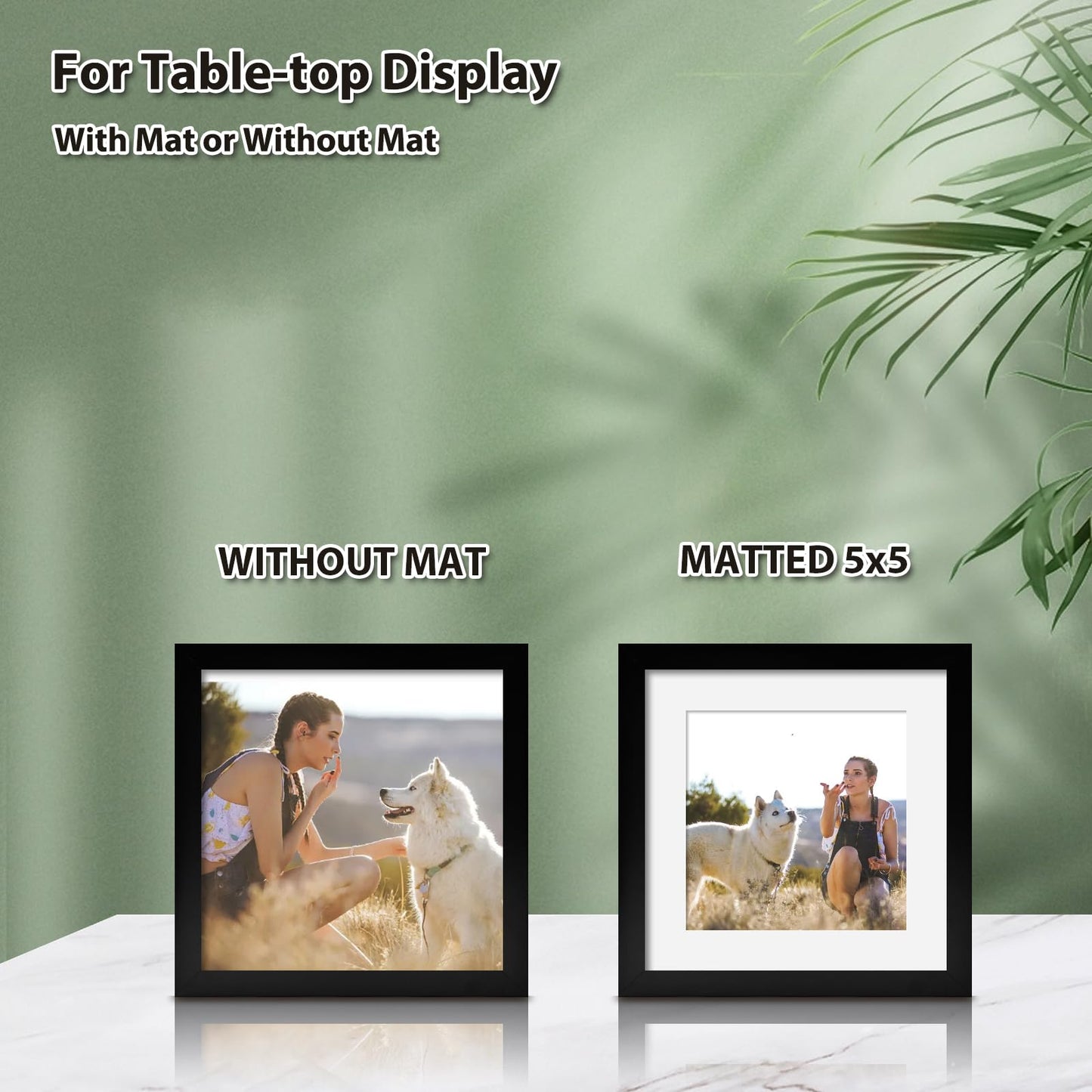 KINLINK 7x7 Picture Frame Black Set of 4, Wooden Square Photo Frames Matted 5x5 with Plexiglass for 5x5 with Mat or 7x7 without Mat for Table and Wall Display