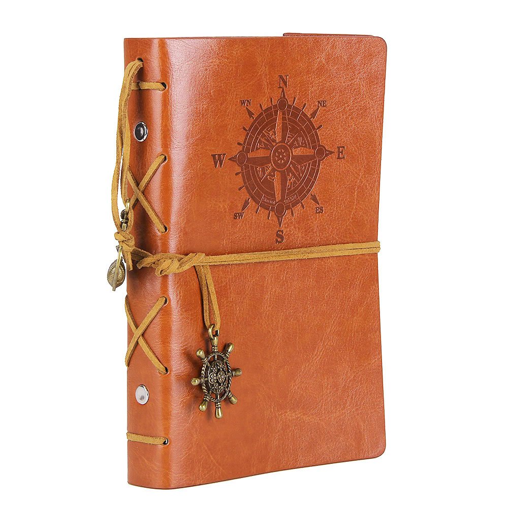 EvZ Leather Writing Journal Notebook, 7 Inches Vintage Nautical Spiral Blank String Diary Notepad Sketchbook Travel to Write in, Unlined Paper, Retro Pendants, Classic Embossed, Brown