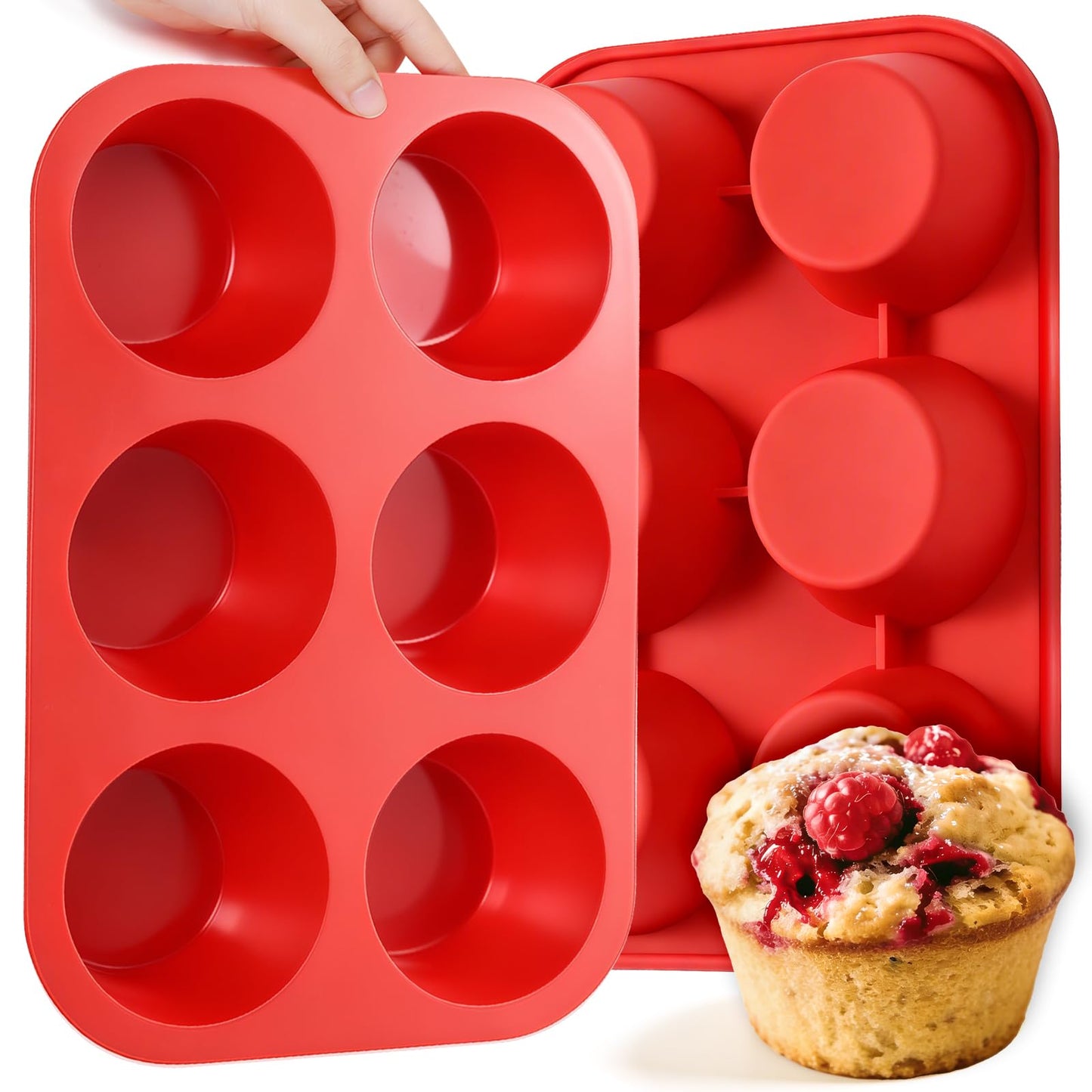 CAKETIME Silicone Jumbo Muffin Pan, 3.5 Inch Silicone Texas Muffin Pan 6 Cup Large Cupcake Pan Nonstick BPA Free Silicone Molds 2 Pack Red