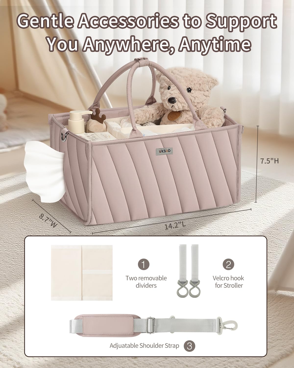 VKSAO Diaper Caddy Organizer – Portable Storage Basket with Shoulder Strap & Stroller Hooks, Splashproof Quilted Nursery & Car Tote, Gender Neutral Gift for Baby Shower, Smoky Gray