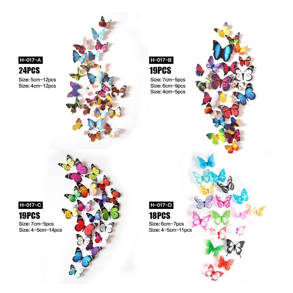 80pcs Butterfly Wall Decor - Plastic Butterflies Wings Foldable Removable Waterproof Reusable Mural Wall Stickers for Home Room Bedroom Nursery Party Wedding Decorations