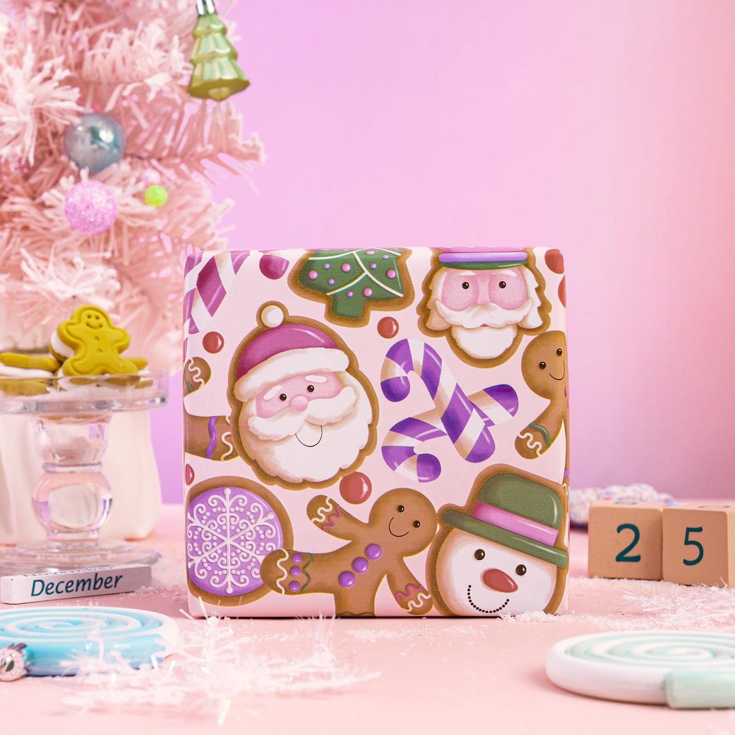 Christmas Wrapping Paper Roll - Mini Roll - 3 Rolls - 17 Inch x 120 Inch Per Roll - Pink & Blue Gingerbread Wrapping Paper Holiday Collection for Xmas Holiday, Party Celebration