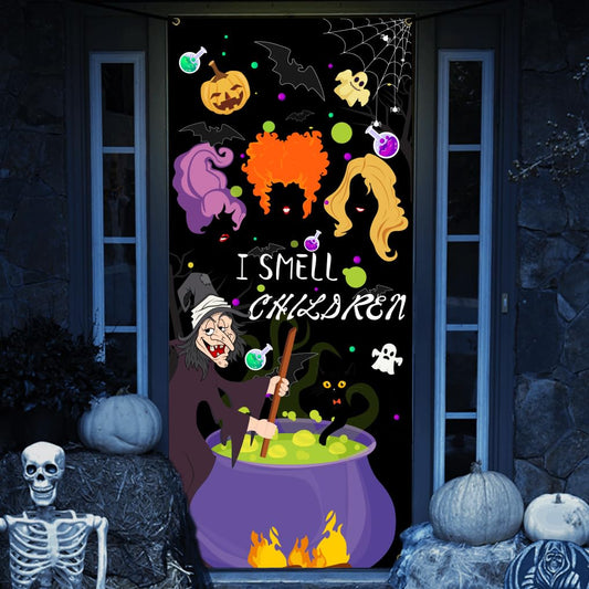 Halloween Door Cover - Large Fabric Party Sign, Hanging Banner for Witch Outdoor Porch, Front Wall Decor