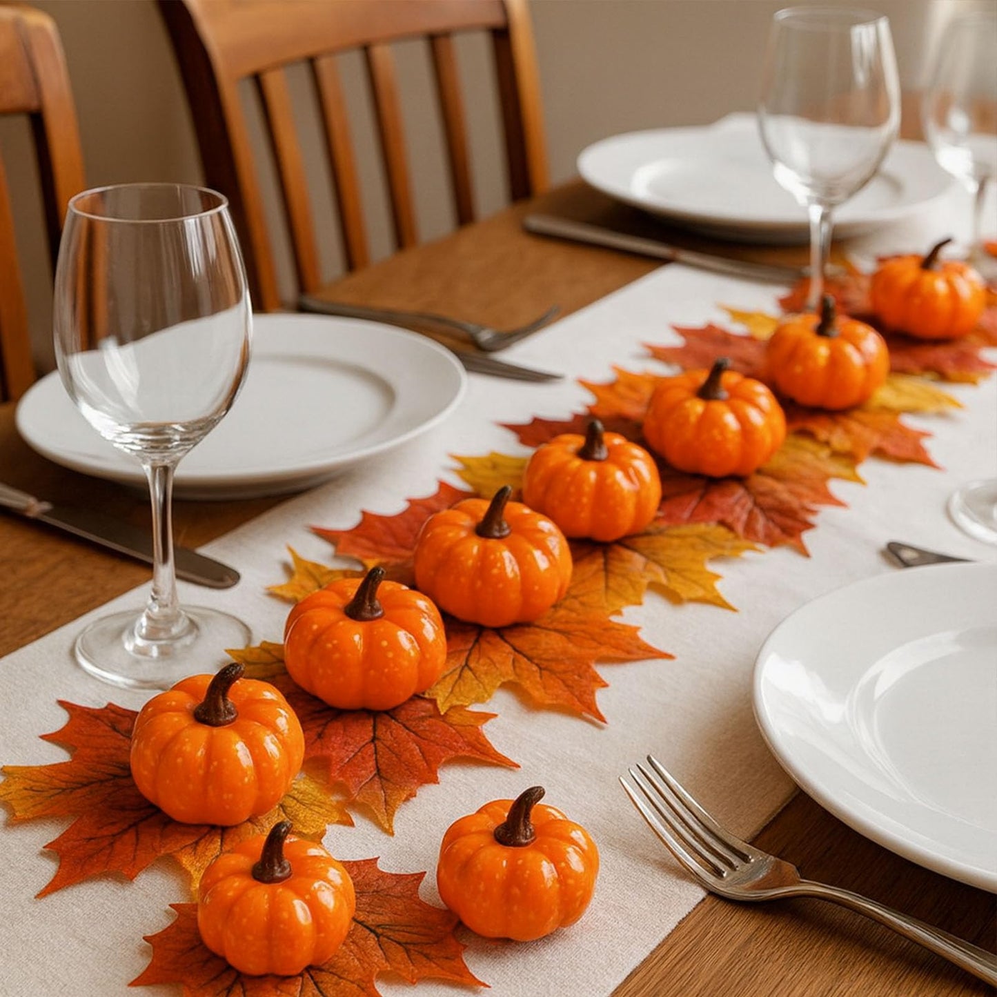 DomeStar 42 PCS Artificial Pumpkins Sets, 12PCS Mini Fake Pumpkins with 30PCS Lifelike Maple Leaves Faux Pumpkins for Decorating Fall Harvest Garland Halloween DIY for Crafts Thanksgiving Decorations