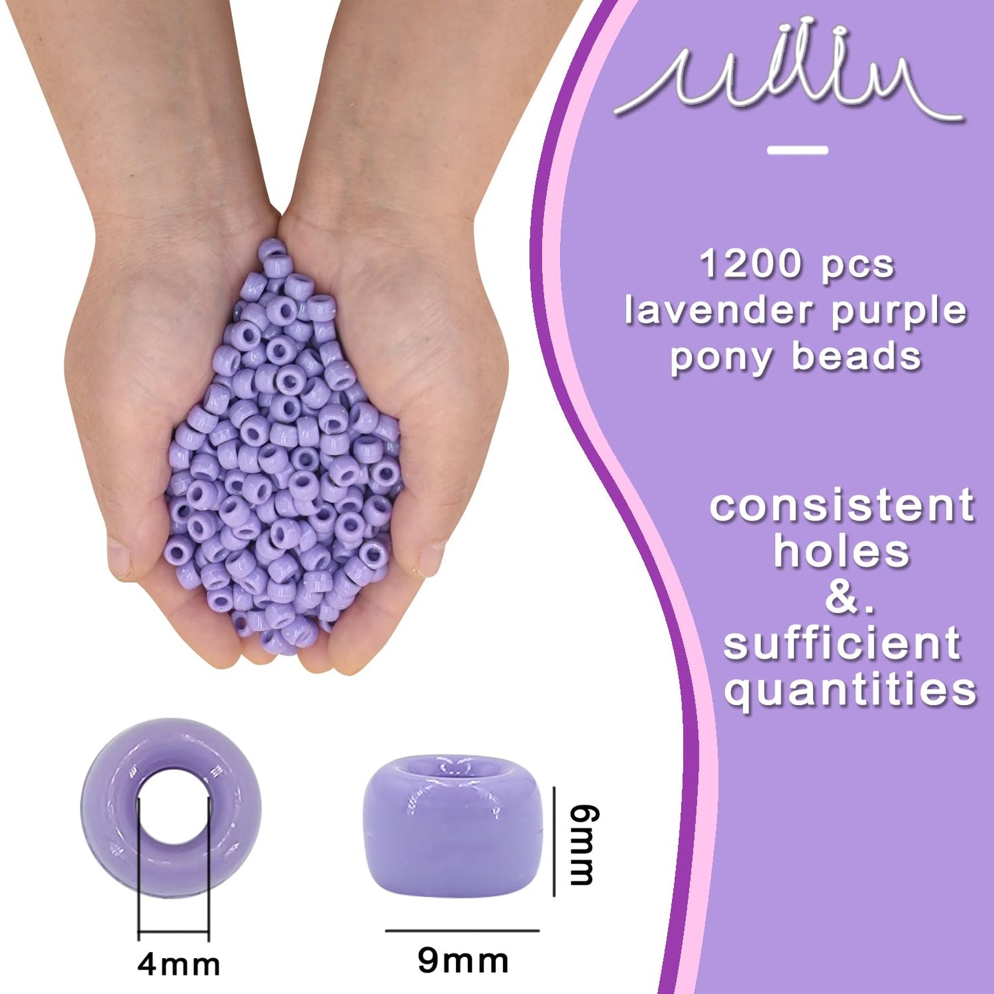 MIIIM 1200PCS 6x9mm Purple Pony Beads Bulk, Kandi Beads for Bracelets Making Kit, Hair Braids Crafts for Jewelry Making (Lavender Purple)