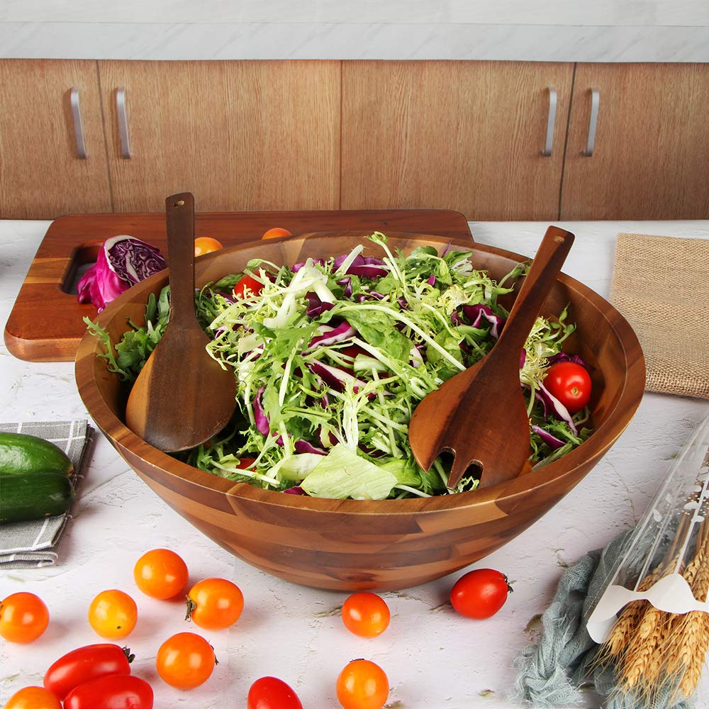 Salad Bowls, Wooden Salad Bowls Set, Large Acacia Wood Serving Bowl for Fruits, Salad, 12.5" Big Salad Bowl with Serving Utensils