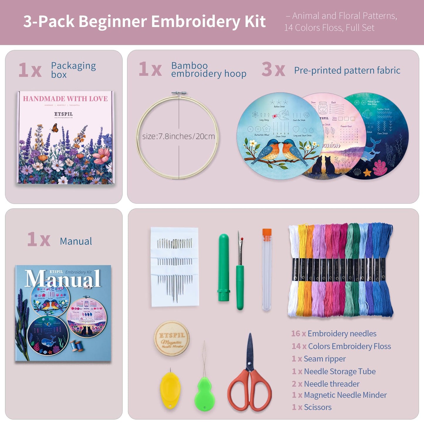 Beginner Embroidery Kit for Teens & Adults - 3-Pack, 19 Stitches, Pre-Stamped Patterns, Needle Minder, 7.8-Inch Hoop, Threads & Needles, Guide & Video - DIY Craft Gift for Women