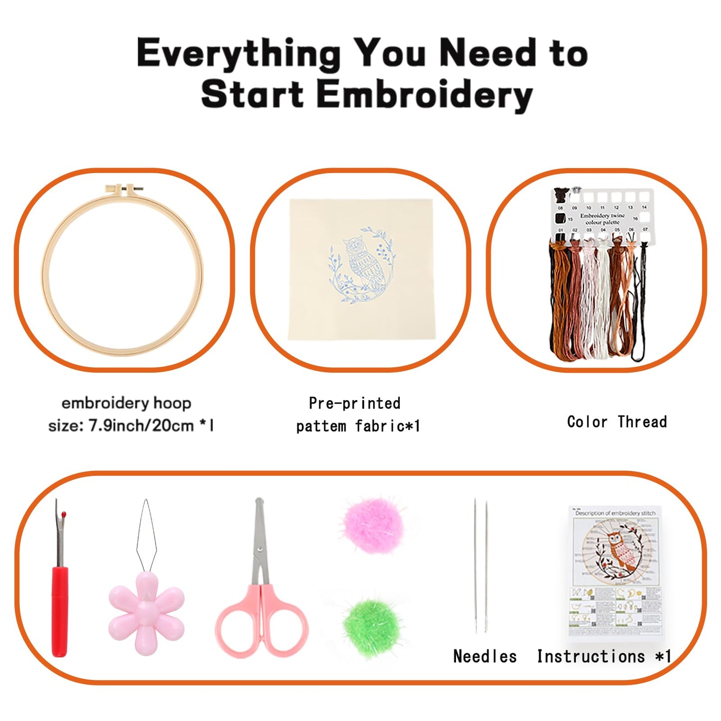 Beginner Embroidery Kit for Adults, Owl Cross Stitch Kits with 7.9" Hoop, Threads, Needles, Learn Stitches with Pre-Printed Patterns, Video Tutorial, DIY Needlework Craft Gift for Women