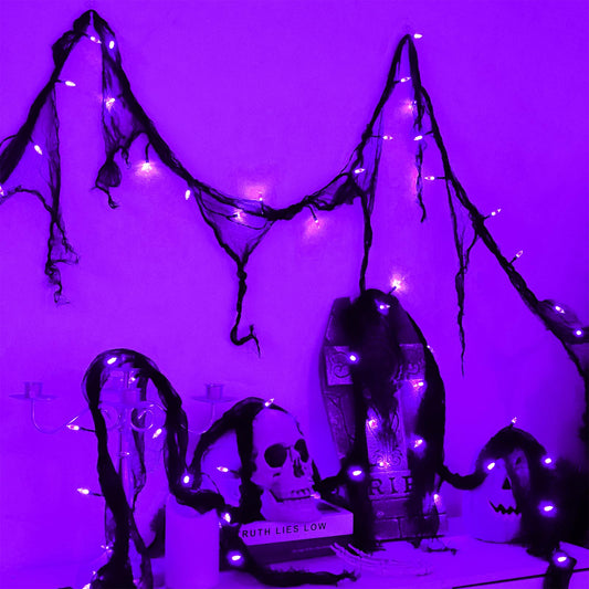 Halloween Decorations Purple String Fairy Lights Indoor, 30LED Black Gauze Halloween Garland, Timer 8 Mode Battery Operated Powered, 9.9Ft Creepy Cloth, Gothic Party Room Mental Fireplace Decor 1PACK