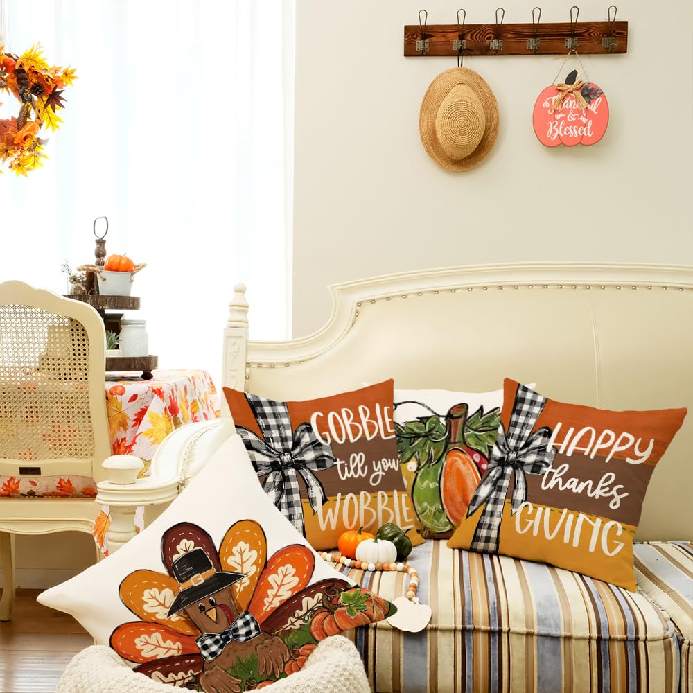 GEEORY Happy Thanksgiving Throw Pillow Covers 18x18 Inch Set of 4, Turkey Gobble Pumpkin Striped Fall Farmhouse Decorative Holiday Decoration for Home G568-18