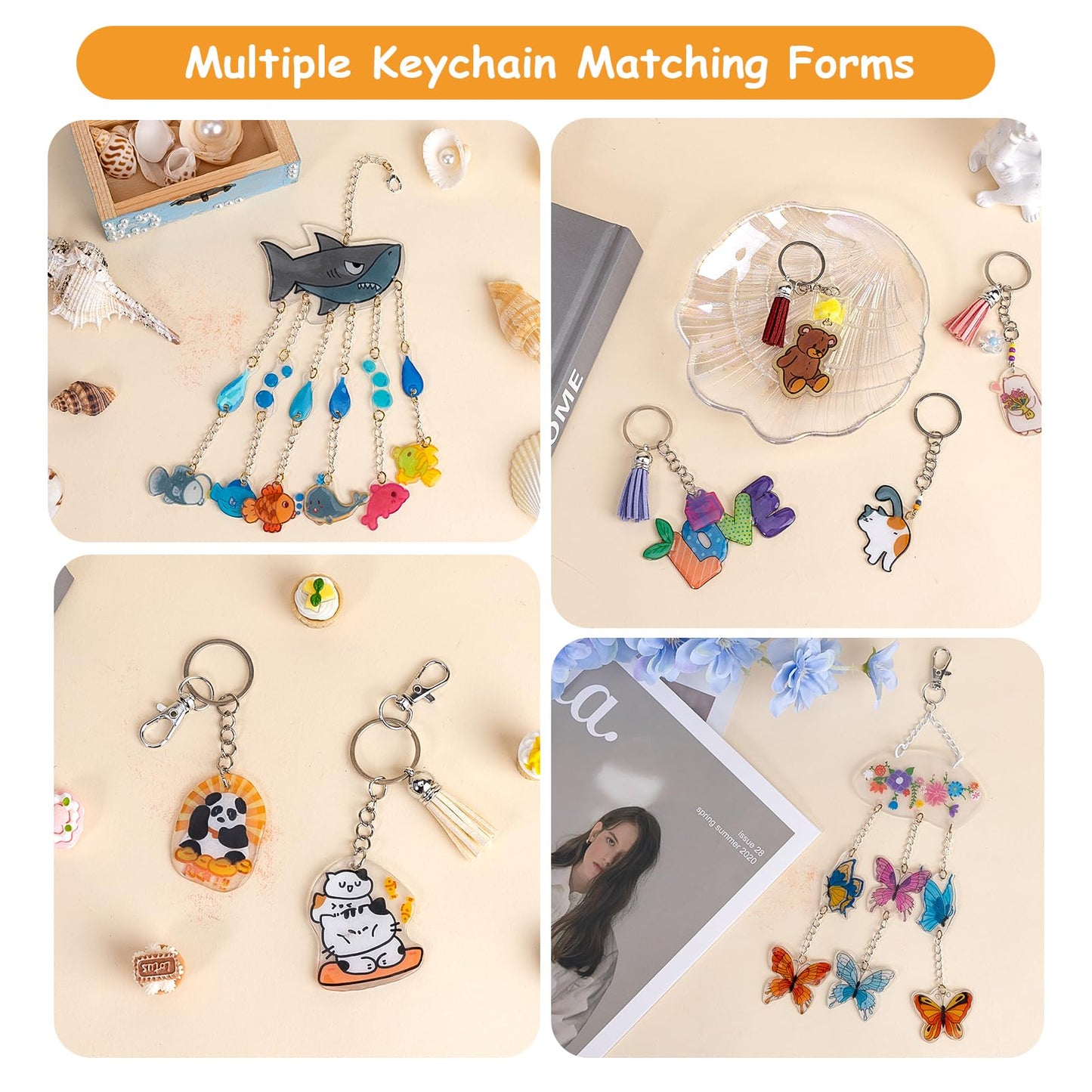 Csyidio 251 PCS Shrink Dink Keychain Kit Includes 20 Sheets Shrink Plastic Sheets, Hole Punch, Tassels, Lobster Clasps, Keychain Clip, Jump Rings, Key Ring, Great for DIY Mother's Day Crafts