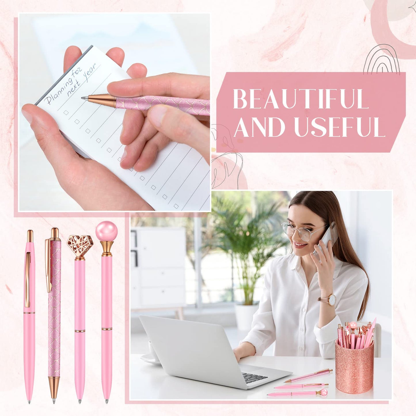 9 Pcs Ballpoint Pens Set Metal Crystal Diamond Glitter Pens for Journaling Black Ink Pretty Cute Things Fancy Stationery Gifts for Women Girls Birthday Home Office Desk(Pink)