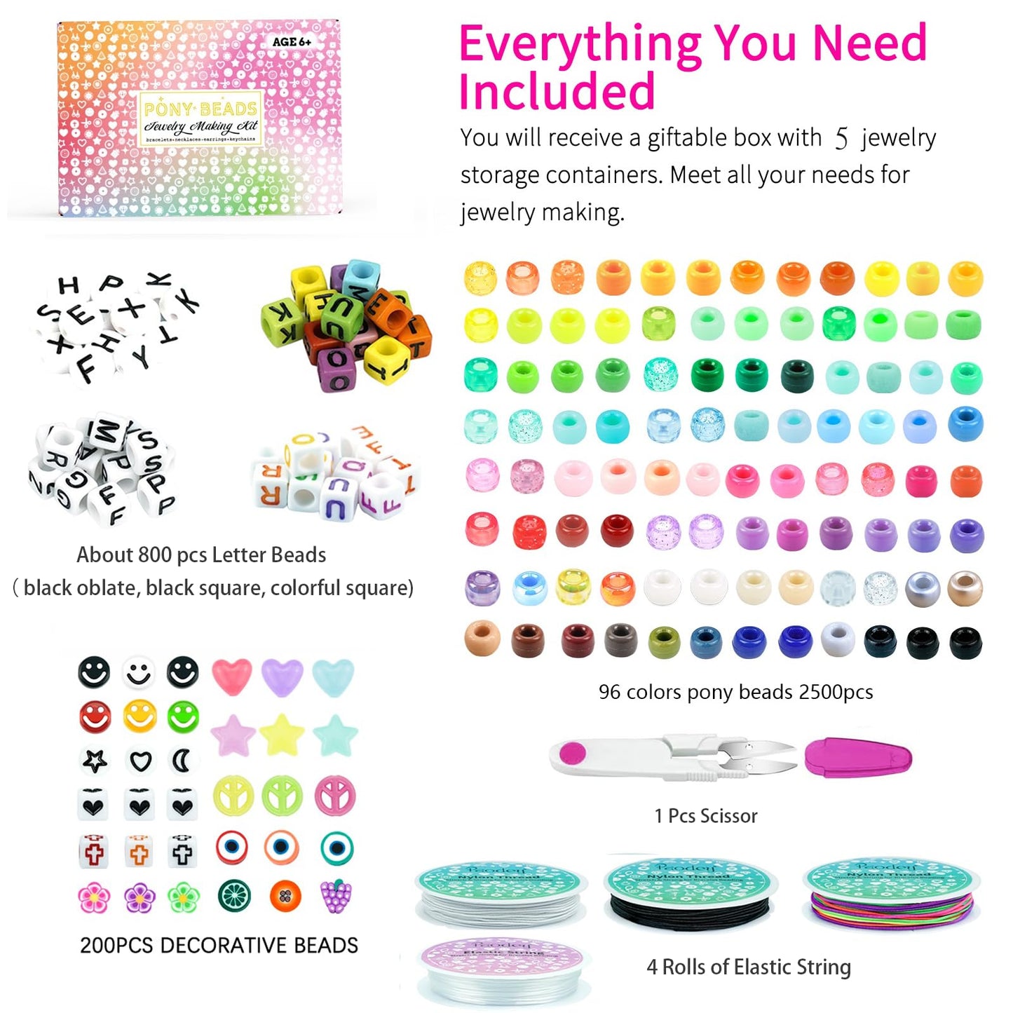 5 Boxes Bracelet Making Kit Pony Beads, 96 Colors 6x9mm Kandi Rave Beads for Bracelets Friendship Plastic Beads with 800Pcs Letter Bead DIY Arts and Crafts for Kids Adults Keychain Jewelry Making