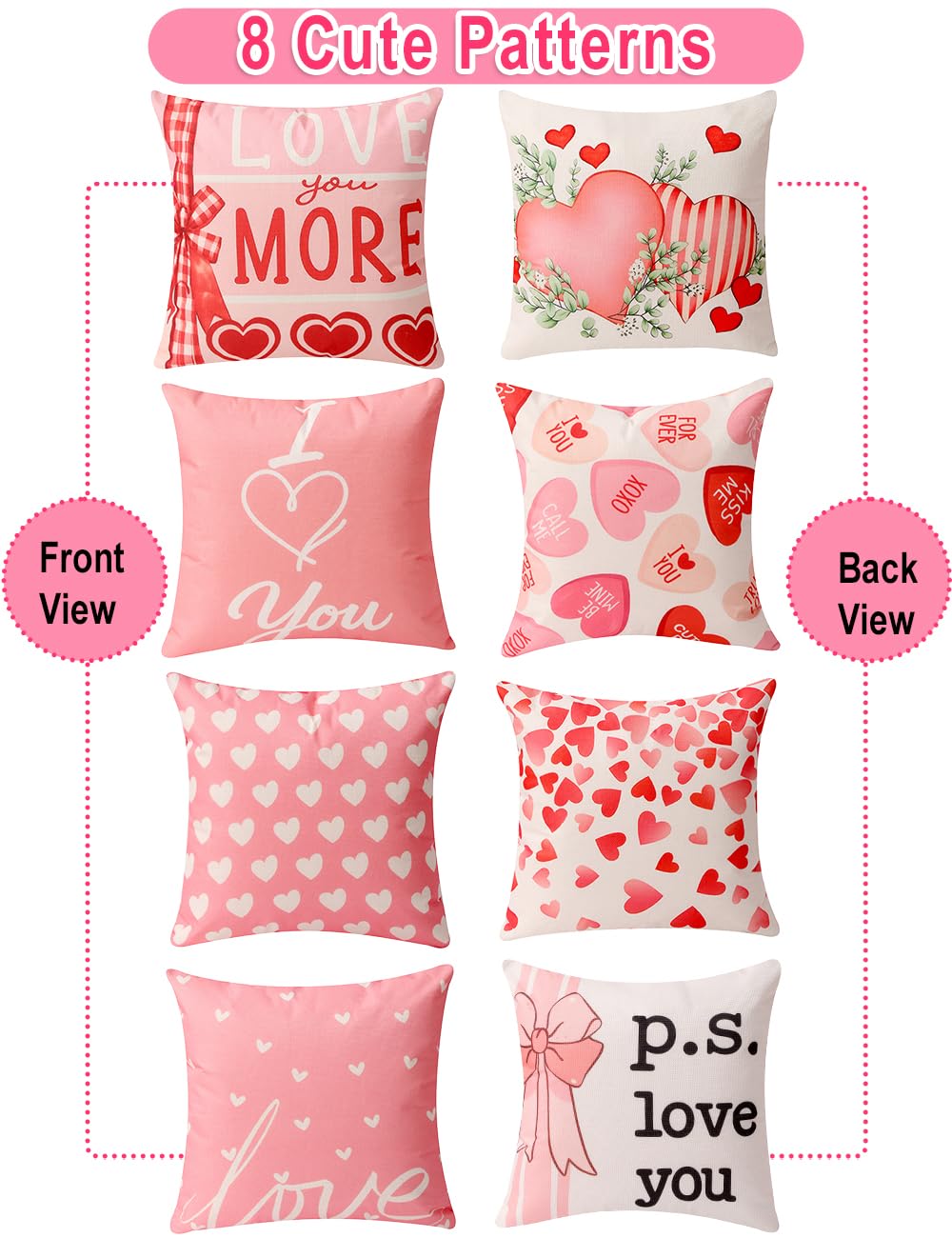 Valentine Decorations Set of 4 Double-Sided Valentine's Day Throw Pillow Covers 18" x 18", Reversible 8 Designs, with 16 pcs Heart & Love Balloons, Stickers, Complete Valentines Decor Kit
