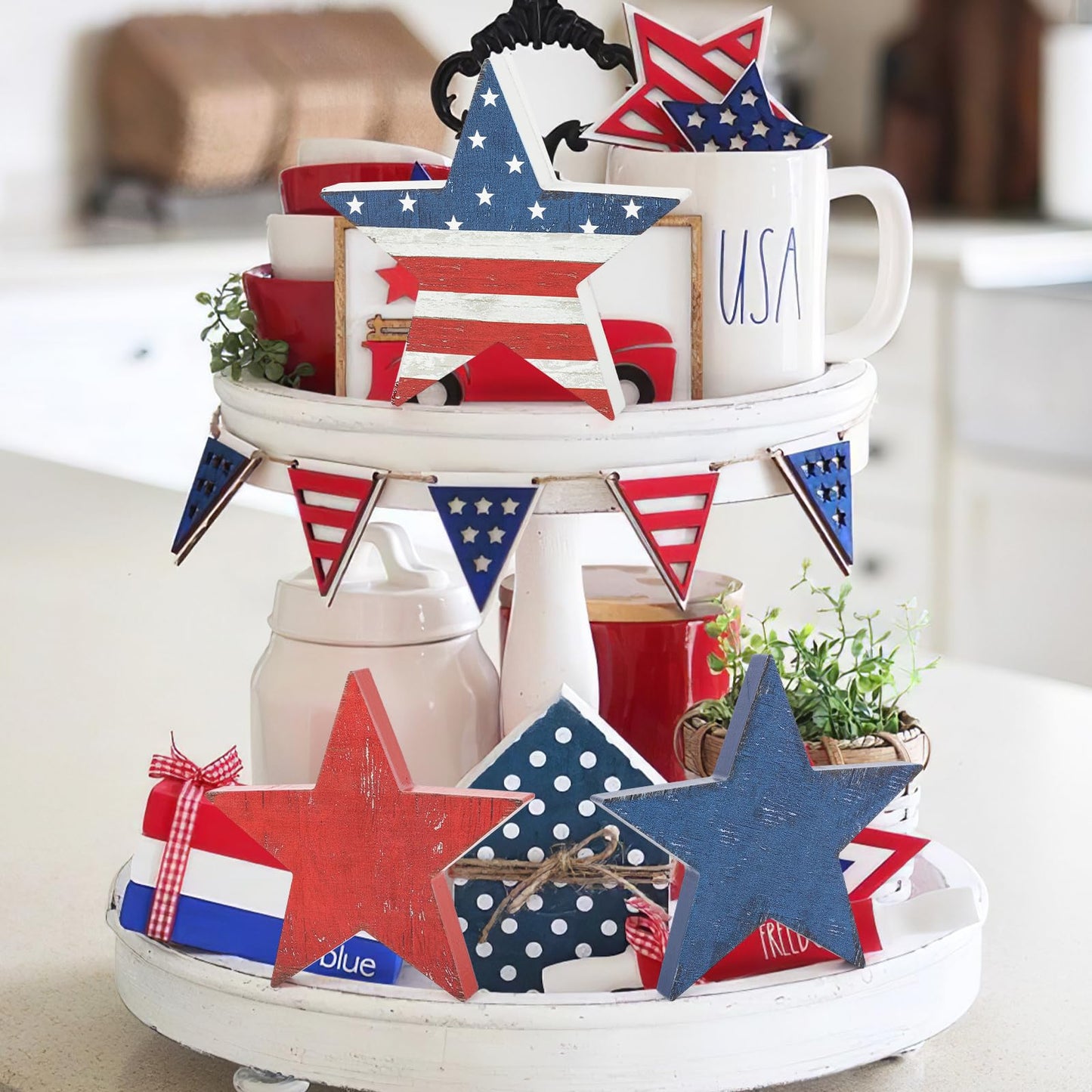 3 Pcs 4th of July Wooden Star Signs,Rustic Memorial Day Tiered Tray Decor, American Patriotic Table Decoration for Home Kitchen (Retro)