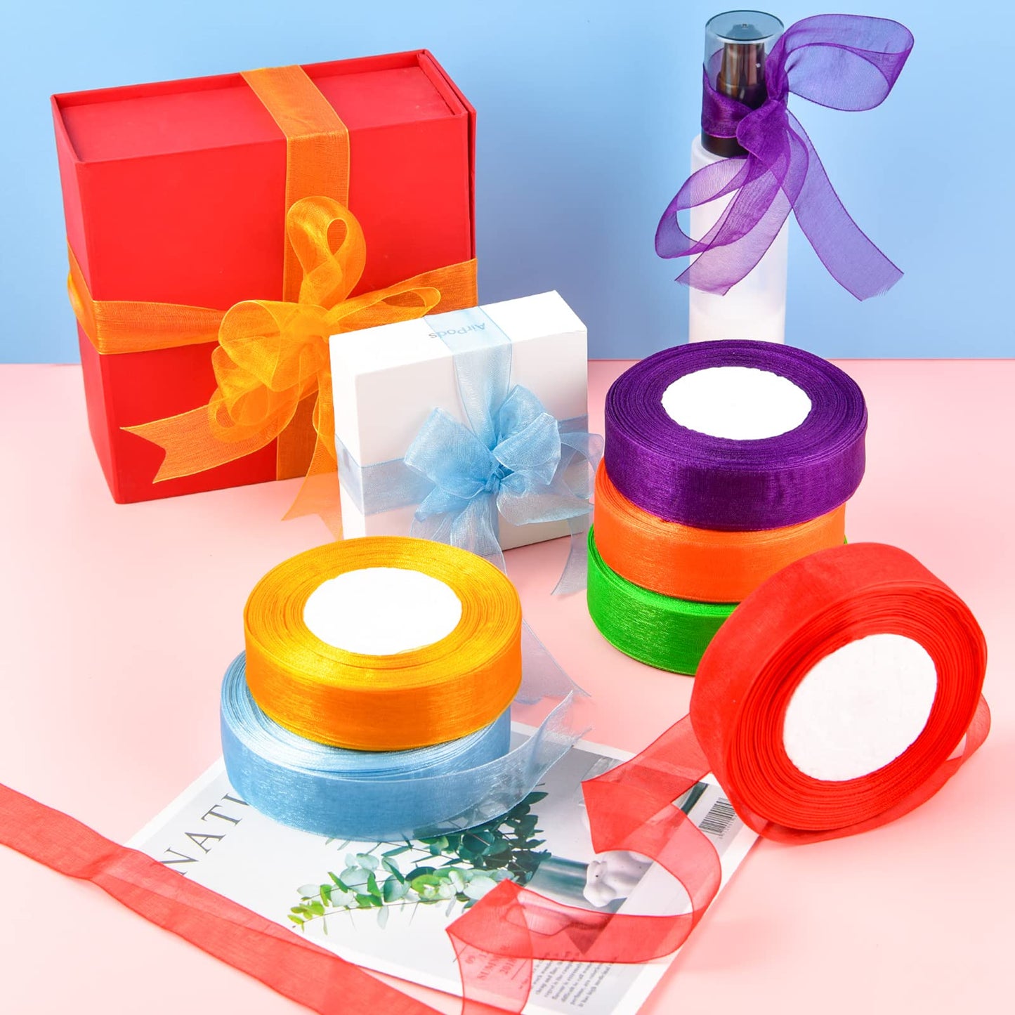 6 Rolls Organza Ribbon Sheer Chiffon Ribbon Transparent Chiffon Ribbons for Christmas Valentine's Day Gift Wedding Birthday Bouquet Garland Bow Making (25 Yards x 6 Rolls, Rainbow Series)