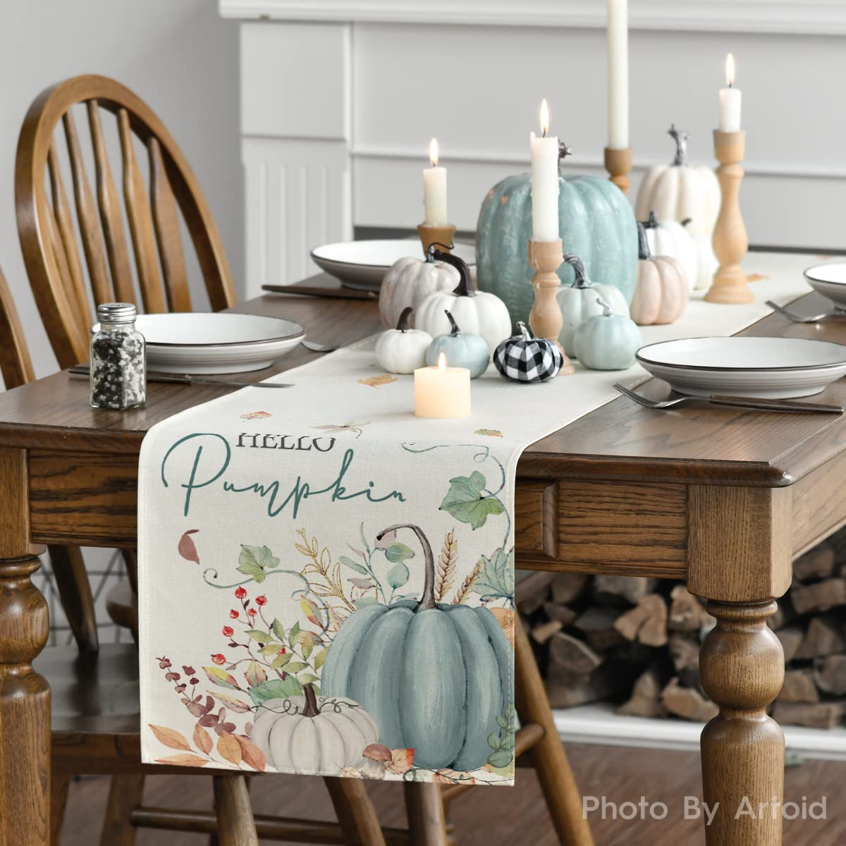 Aqua Hello Pumpkin Leaves Fall Table Runner, Seasonal Autumn Kitchen Dining Table Decoration for Home Party Decor 13x72 Inch