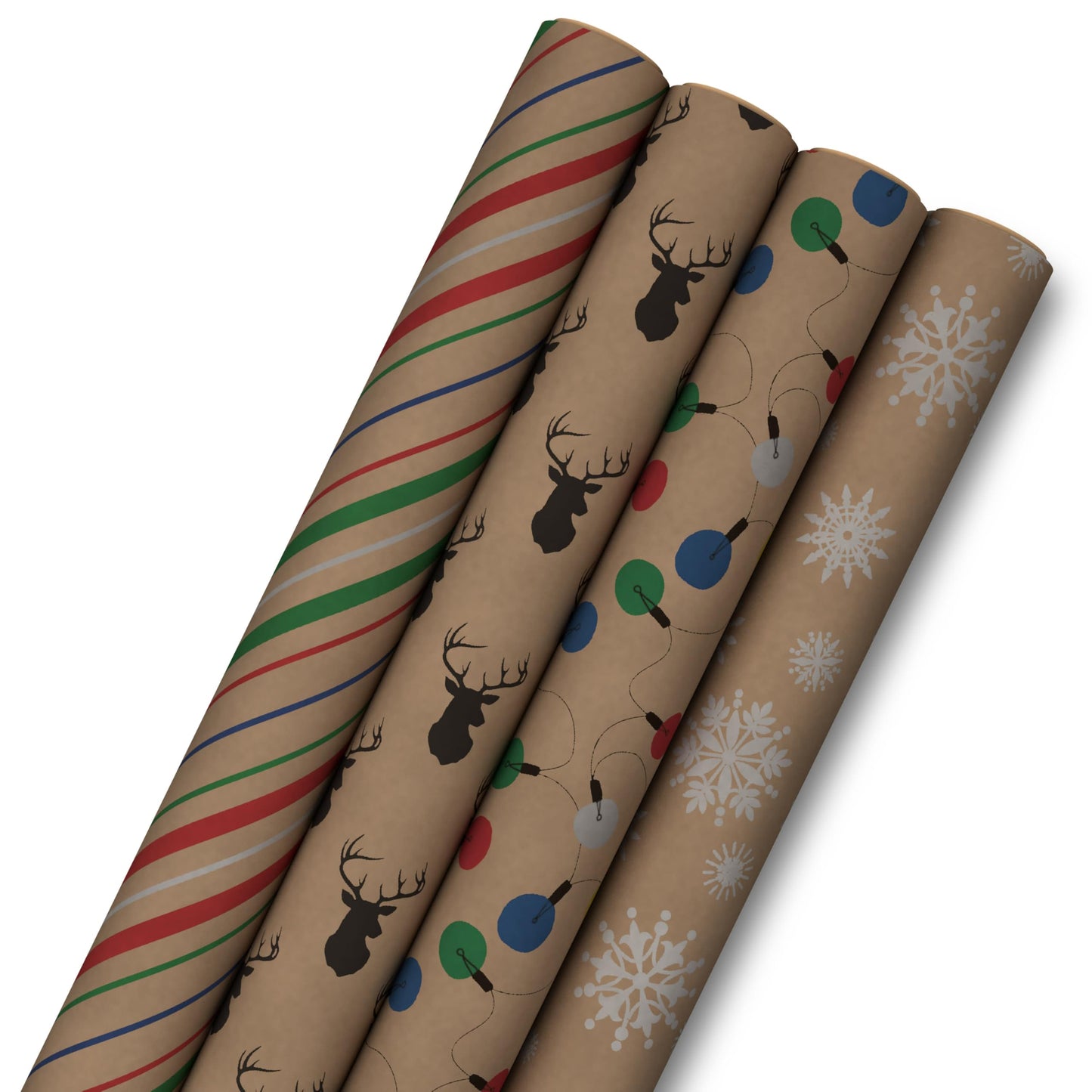 Recyclable Christmas Wrapping Paper for Kids with Cut Lines on Reverse (4 Rolls: 88 sq. ft. ttl) Kraft Brown with Christmas Lights, Deer, Snowflakes, Red, Green, Blue Stripes (0005JXW1212)