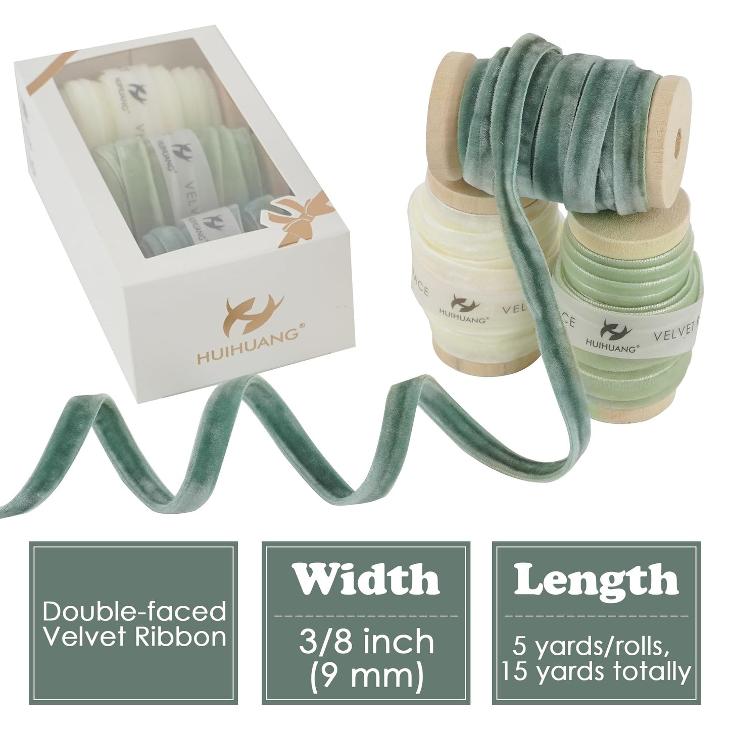 Velvet Ribbon 3/8 inch Double Face Dusty Green/Sage Green/Ivory Velvet Ribbon Set for Gift Wrapping, Christmas Tree Ornaments, Wreath Decor, Invitations, Fall Decor- 15 Yards/Set