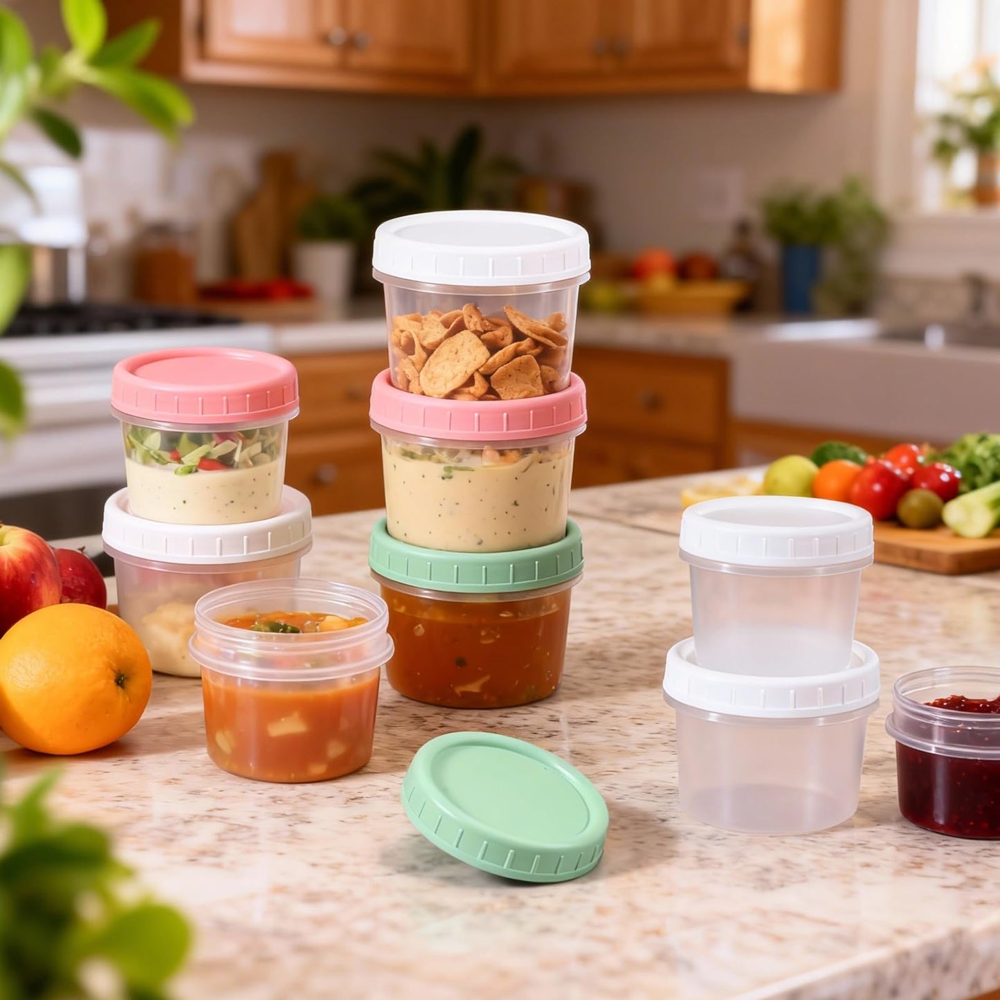 DEMORA 6 oz Small Plastic Containers with Twist on Lids [20 Sets], Stackable Little Food Storage Containers for Snack Lunch Meal Prep Salad Dressings, Freezer/Microwave/Dishwasher Safe, BPA Free