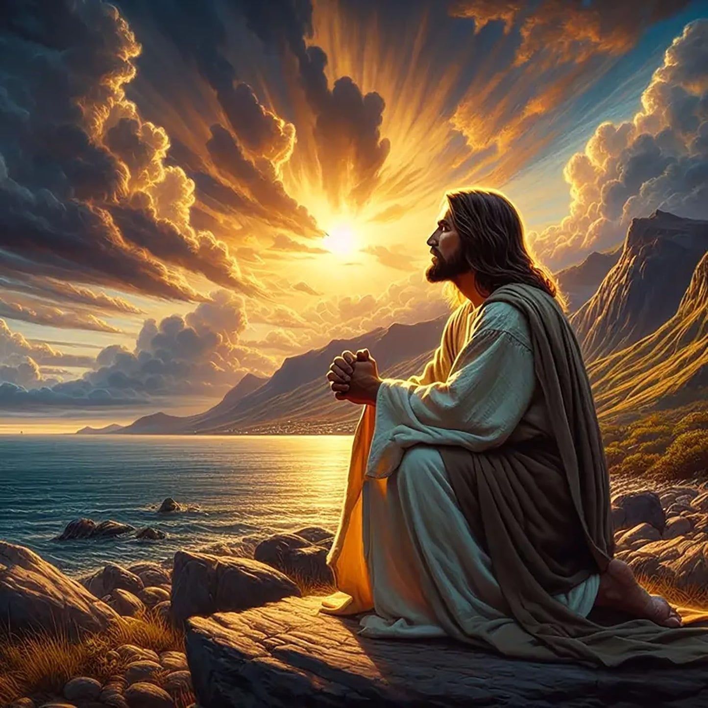YQFCZDQ Jesus Christ Prayer Diamond Art Kits for Adults,Sunset Landscape 5D Diamond Painting Kits for Beginner,DIY Round Full Drill Diamond Dots Paintings Picture Gem Art&Crafts Home Decor 13.8x13.8in
