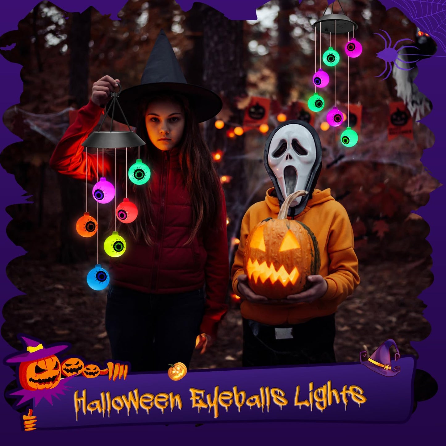 Winzwon Halloween Decorations Outside Solar Outdoor Lights Waterproof Eyeballs Wind Chimes for Party Yard Porch Patio Home Window Indoors Hanging Mobile Decor