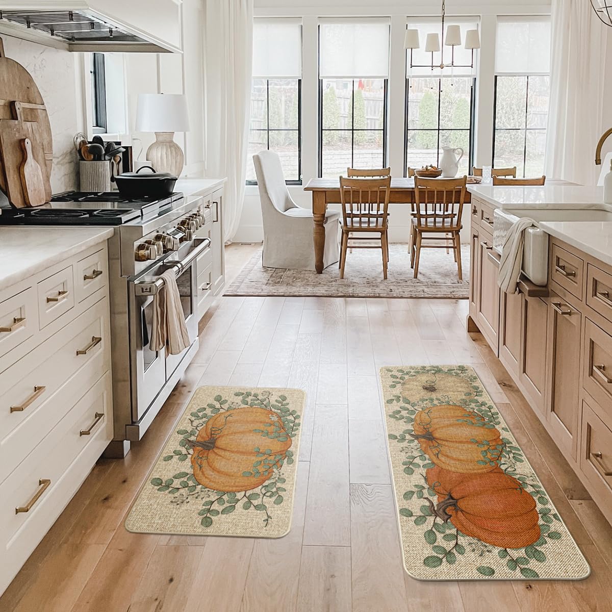 Artoid Mode Orange Pumpkin Eucalyptus Fall Kitchen Mats Set of 2, Autumn Home Decor Low-Profile Kitchen Rugs for Floor - 17x29 and 17x47 Inch