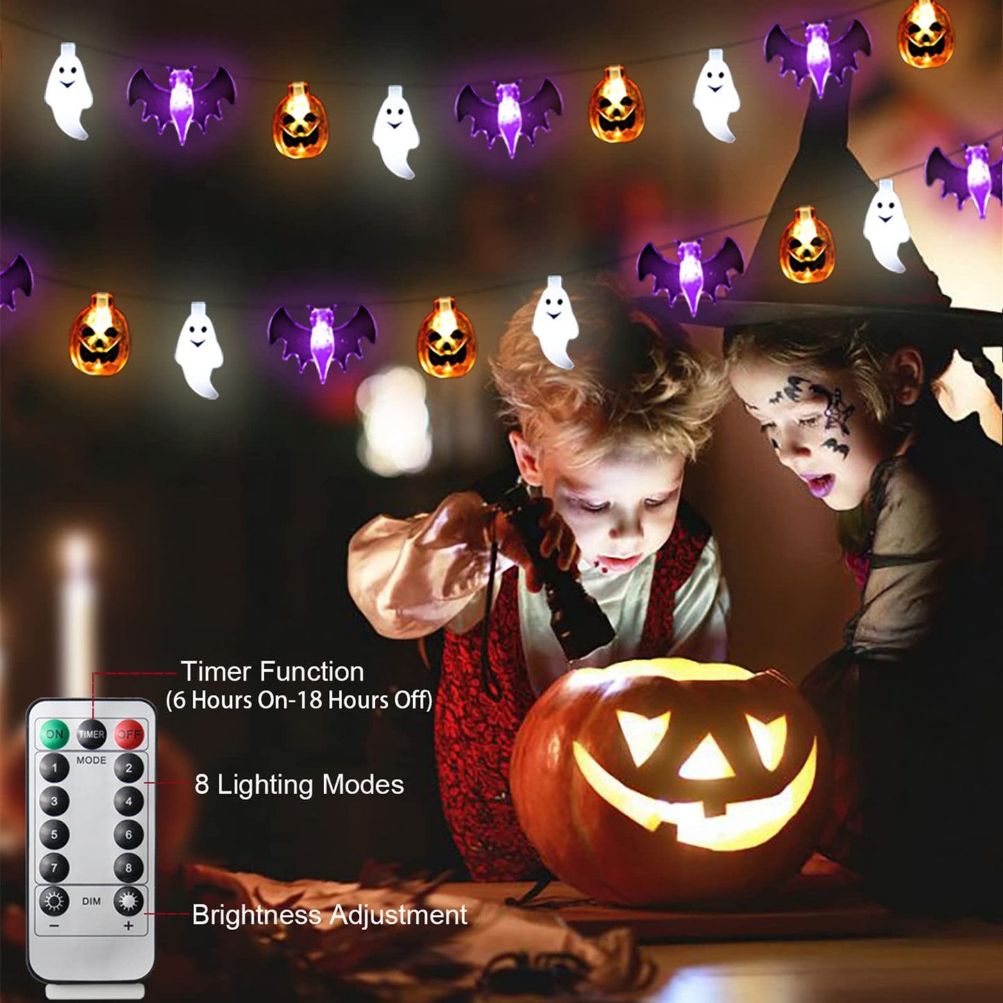Halloween Lights, 16FT 30 LED Waterproof 3D Pumpkin Bat Ghost Battery Operated String Lights with Timer - 8 Lighting Modes Fairy Light for Window Indoor Outdoor Decor Halloween Party Decorations