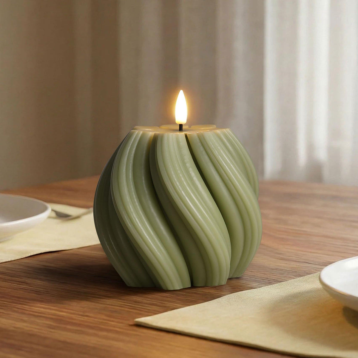 Girimax Sage Green Swirl Flameless Candle with Remote Timer