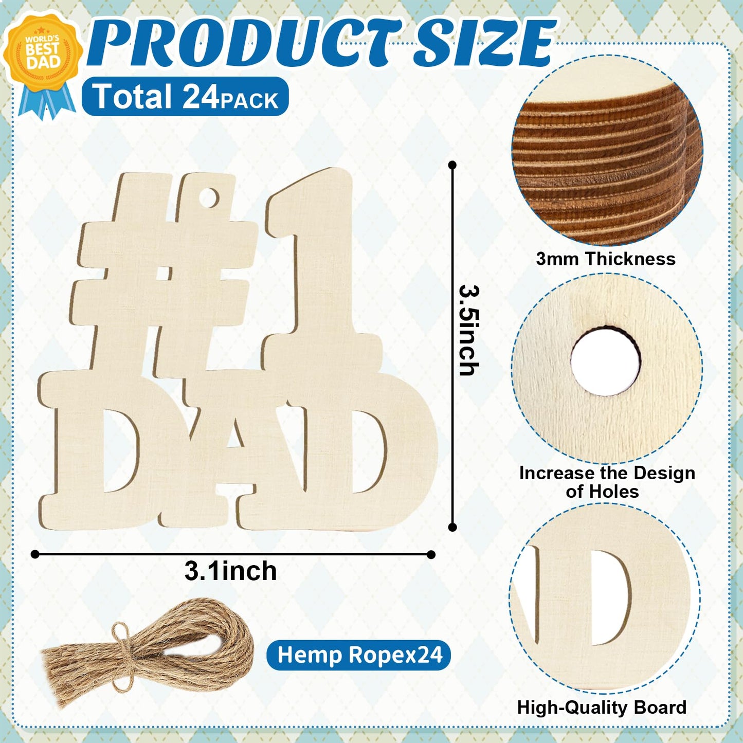 Wooden DAD Ornaments to Paint Father's Day Birthday Party Decoration Cutouts Unfinished 24PCS 3.5 x 3 inches, DIY Blank Unfinished Wood Daddy Ornament for Home Crafts Hanging Father Day Decoration