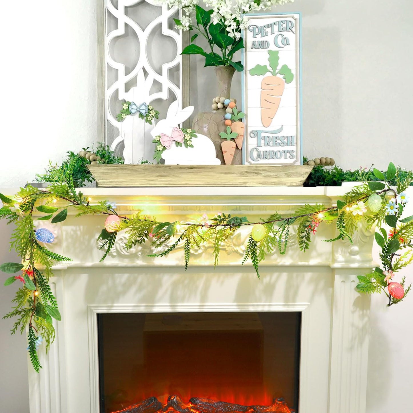 6.7FT Easter Lighted Garland,Artificial Spring Vine Branche with Easter Egg Berries Flower for Mantle Fireplace Home Table Party Decoration
