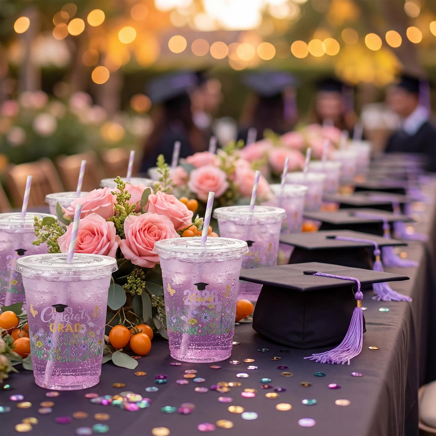 Sliner 50 Sets 16 oz Purple Graduation Plastic Cups Wildflower Congrats Grad Disposable Drinking Cups with Lids and Paper Straws for Hot Cold Drinks Class of 2026 Graduation Party Supplies