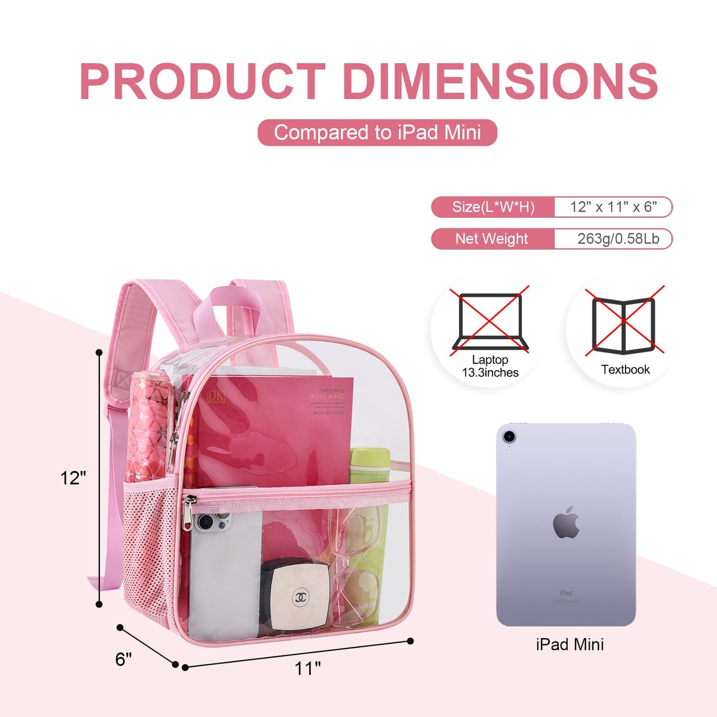 Oraben Clear Backpack Stadium Approved 12×12×6, Small Clear Backpack Transparent Backpack for Sports Event Concert (Pink)