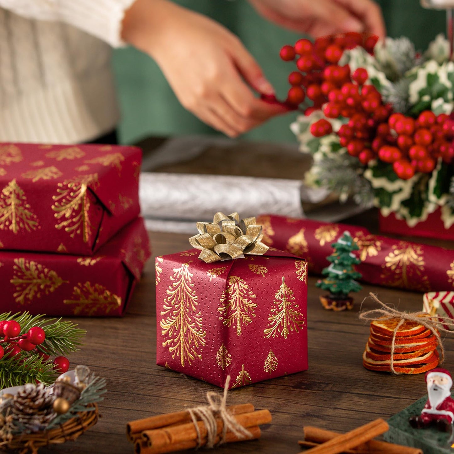 Kraft Christmas Wrapping Paper,Red and Gold 3D Embossed Foil Christmas Trees with Woodlands Wrap Paper for Holiday, Party,Celebration, New Year (17 Inch X 32.8 Feet)