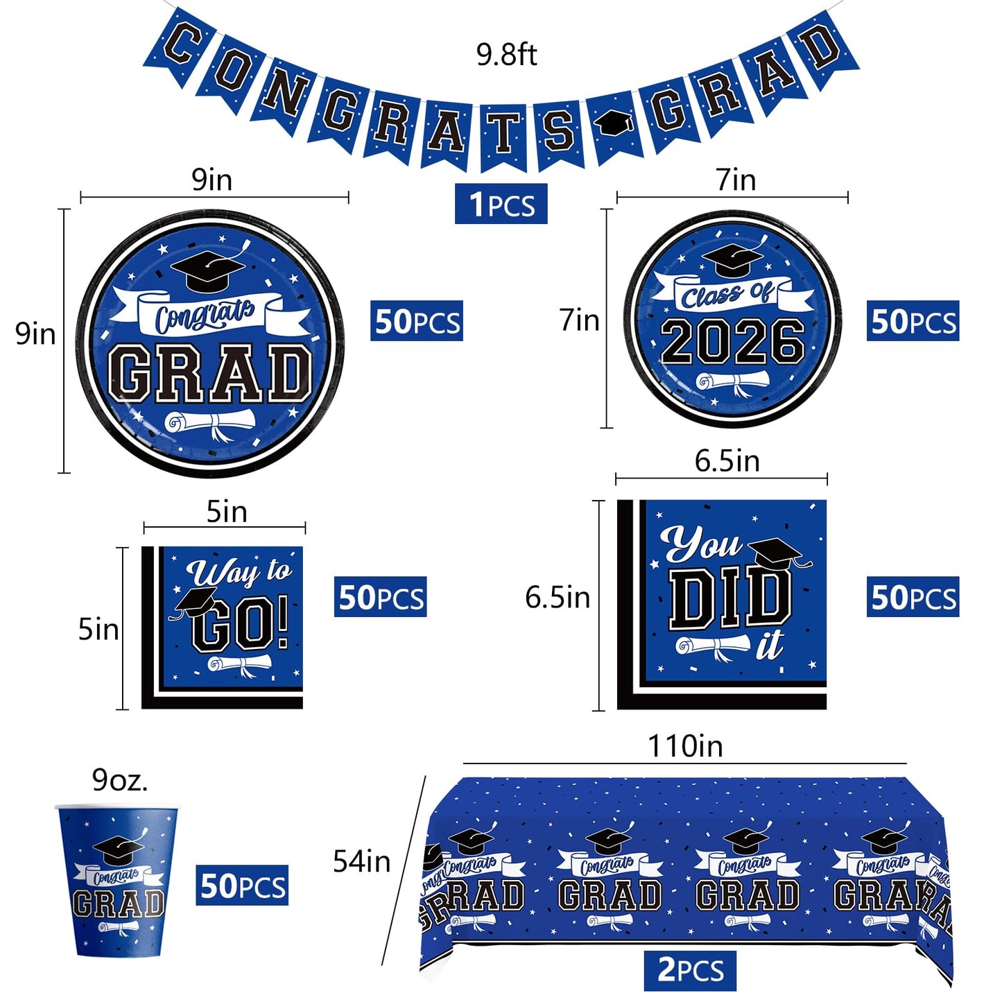 DAZONGE Graduation Decorations 2026 Blue, 265pcs Graduation Party Decorations 2026, Disposable Tableware Set for 50 Guests, Plates, Cups, Tablecloth with Congrats Grad Hanging Decor
