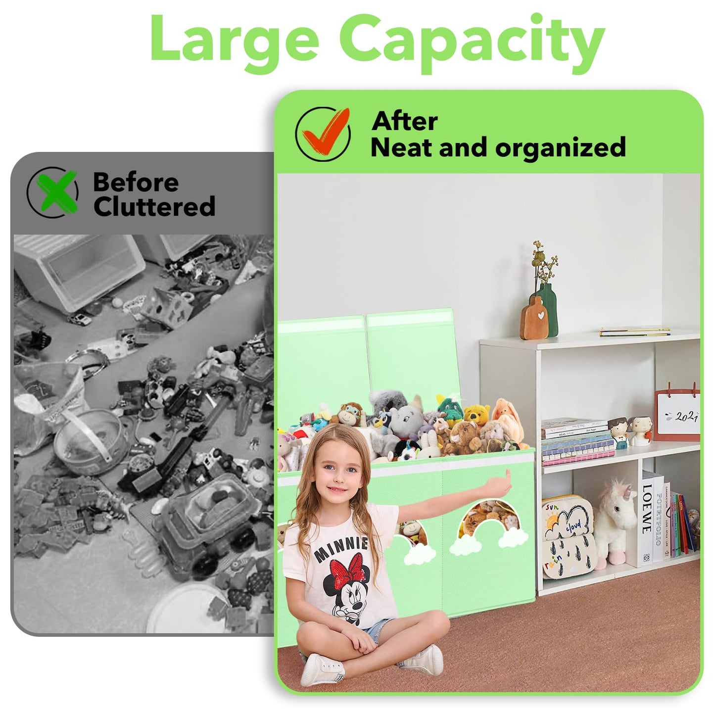 Extra Large Toy Box Chest, Toy Storage Organizer Bins with Transparent Windows, Foldable Storage Box for Kids,Boys,Girls,Toddler,Nursery Room,Playroom(Green Cloud)