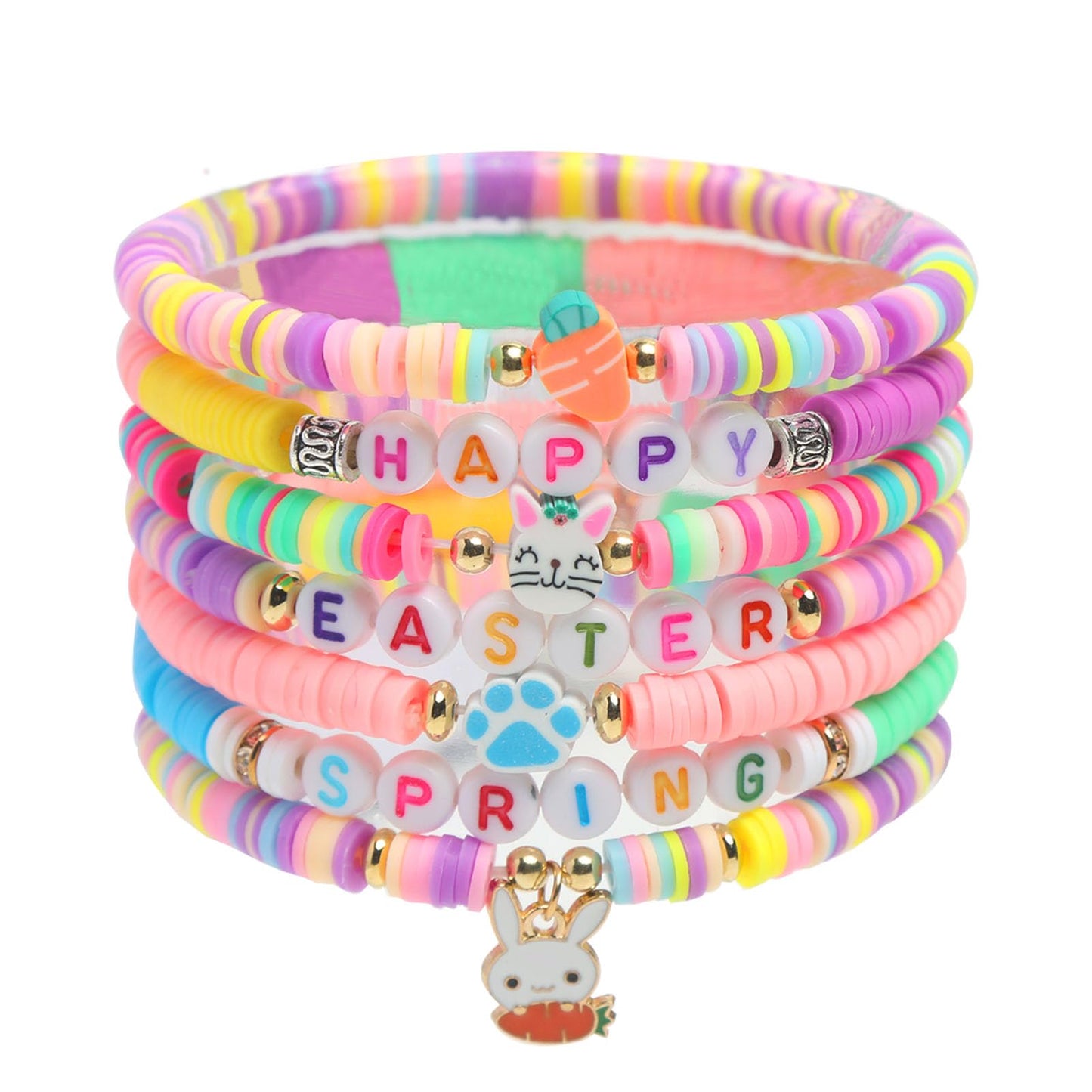 7pcs Easter Heishi Bracelets Polymer Clay Elastic Bracelet Man Woman Party Easter Bunny Egg Bracelets (Easter Happy Bracelet)
