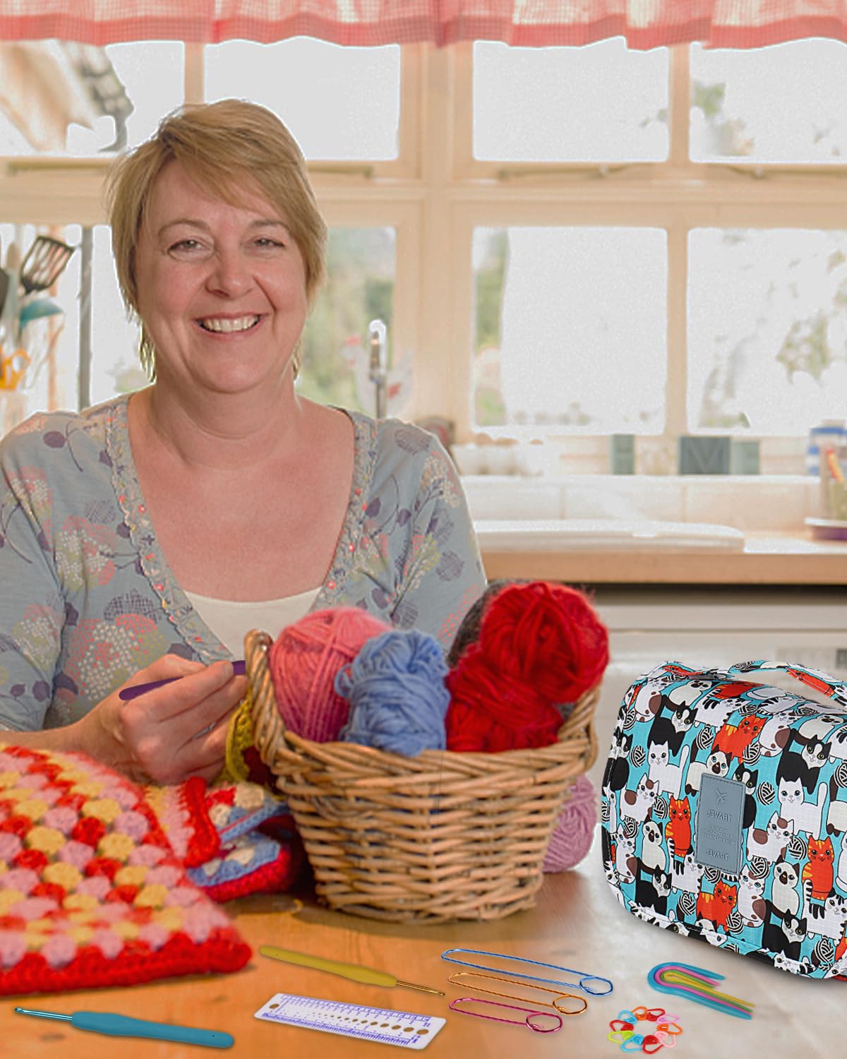 Crochet Kit for Beginners with 15 Colors Yarn and Introduction Book, 71pcs Crochet Starter Kit Everything for Adult, Learn to Crochet Kit with Soft Grip Crochet Hooks and Blue Cat Bag